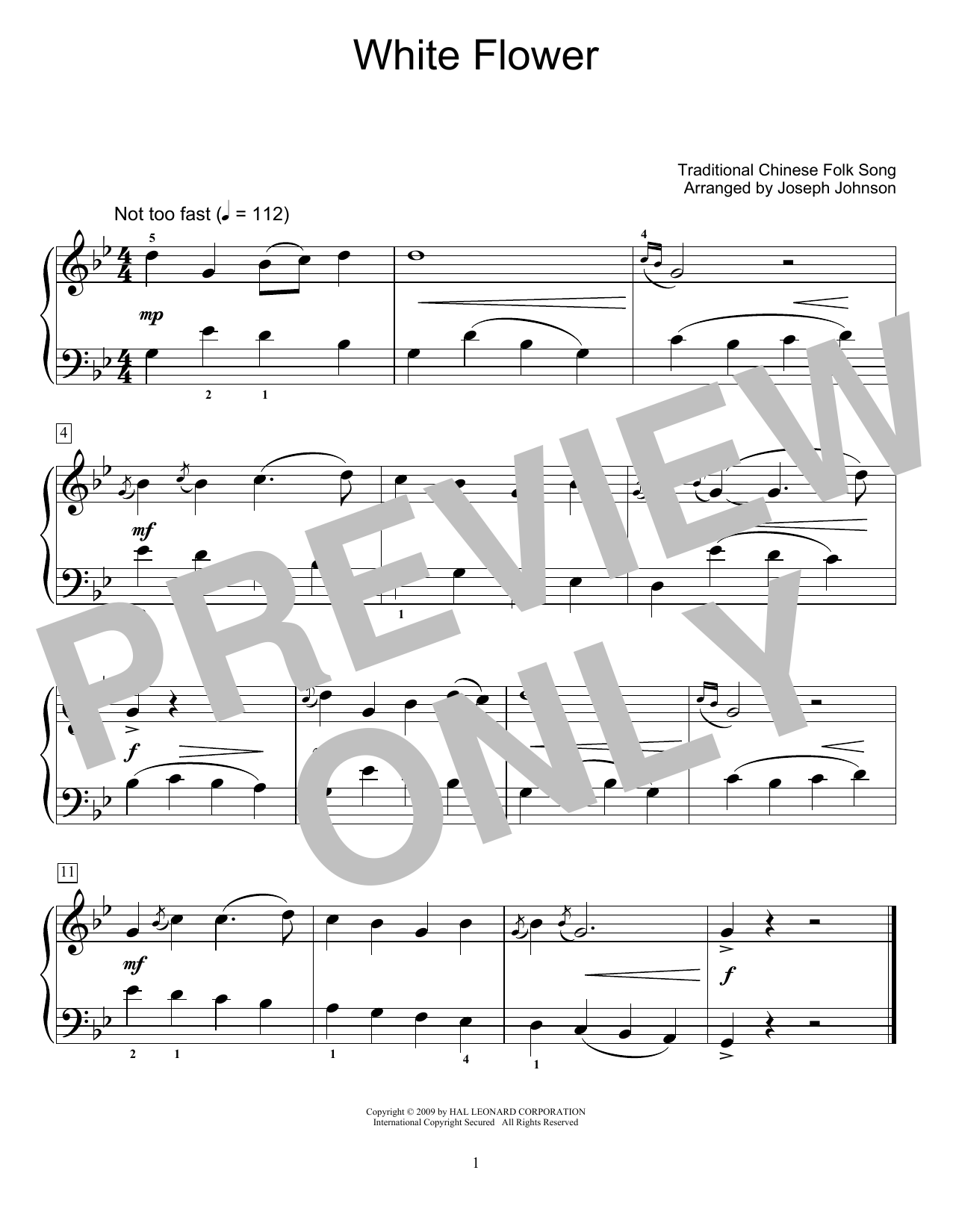 Download Traditional Chinese Folk Song White Flower (arr. Joseph Johnson) Sheet Music and learn how to play Educational Piano PDF digital score in minutes
