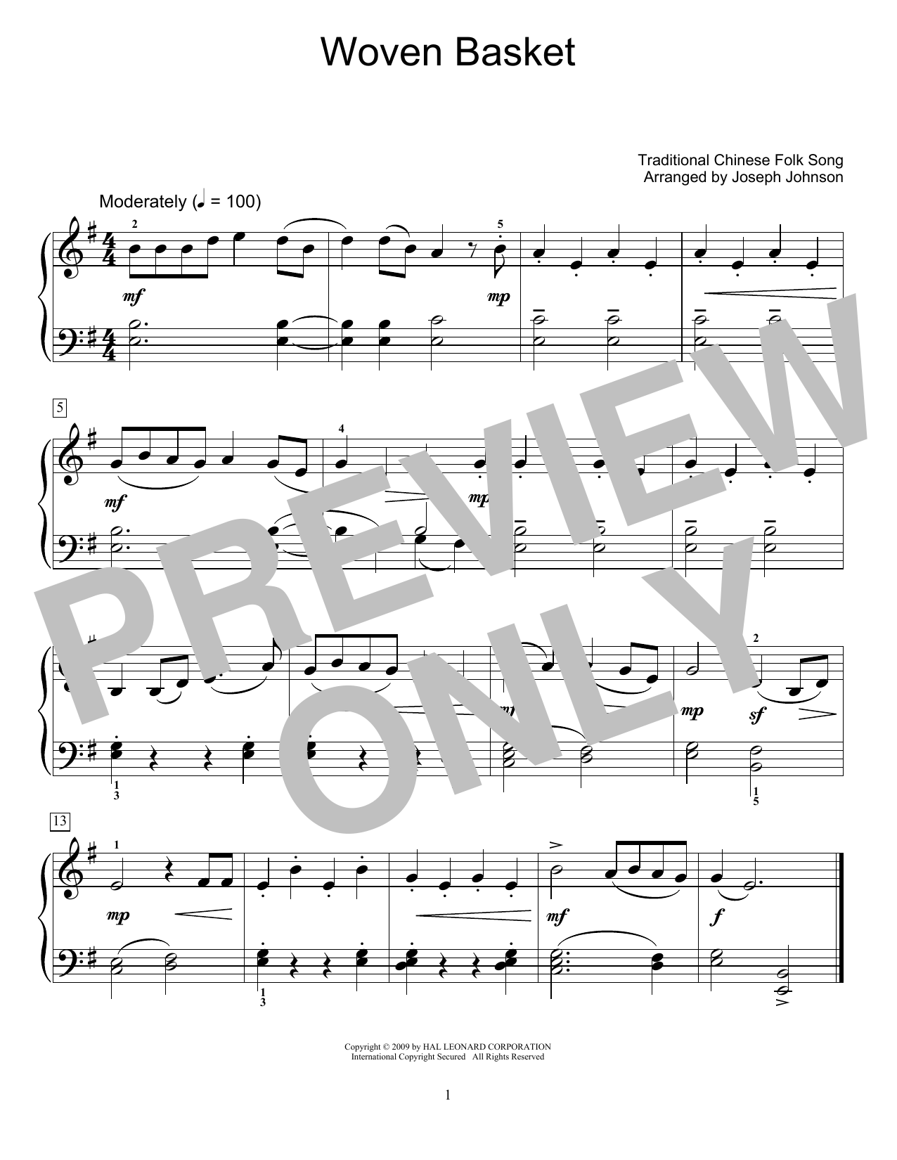 Download Traditional Chinese Folk Song Woven Basket (arr. Joseph Johnson) Sheet Music and learn how to play Educational Piano PDF digital score in minutes