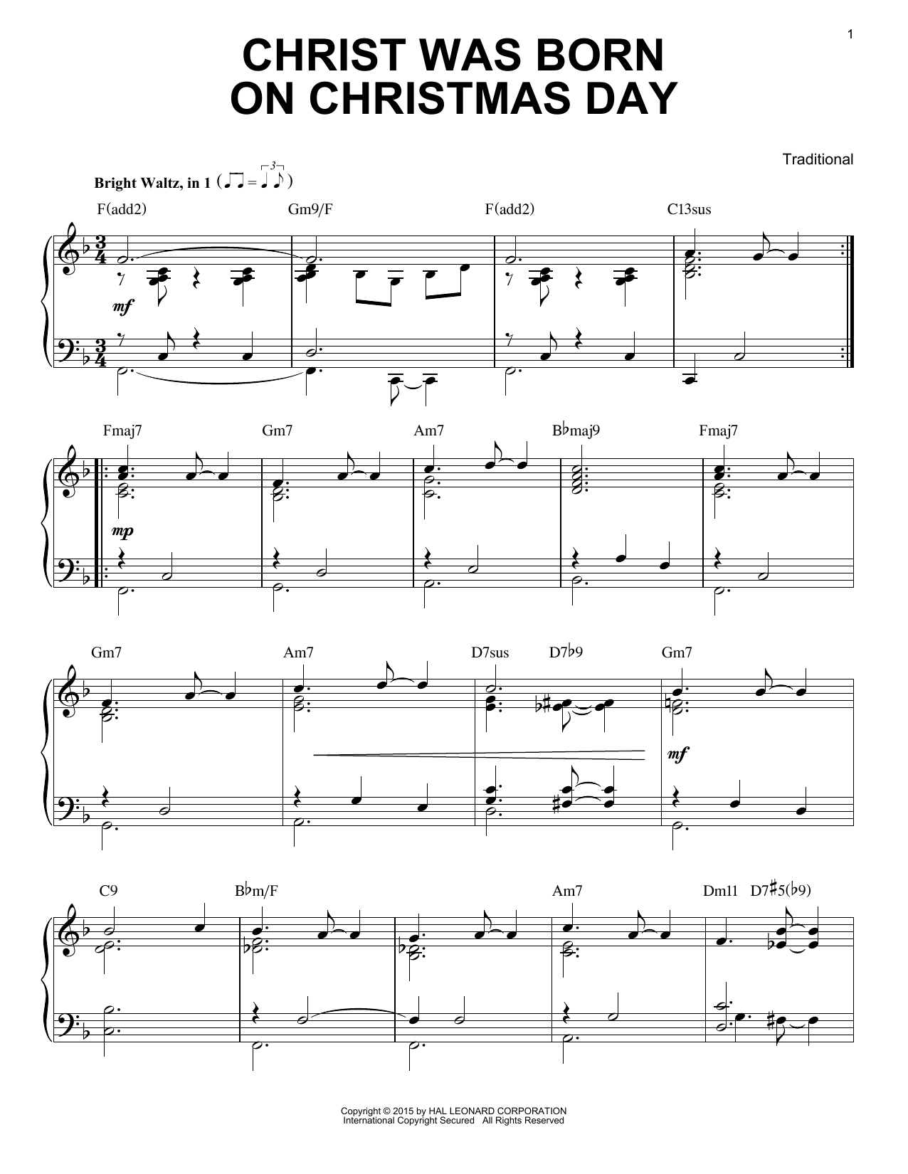 Download Traditional Carol Christ Was Born On Christmas Day Sheet Music and learn how to play Piano PDF digital score in minutes