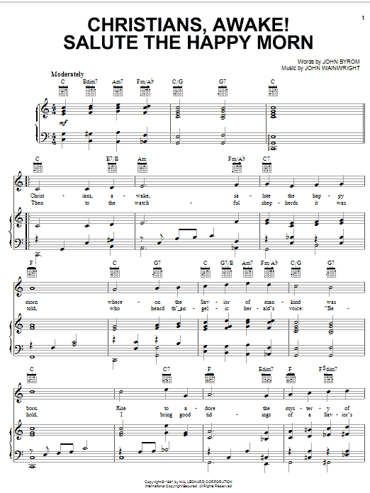 Download Traditional Carol Christians, Awake! Salute The Happy Morn Sheet Music and learn how to play Piano, Vocal & Guitar (Right-Hand Melody) PDF digital score in minutes