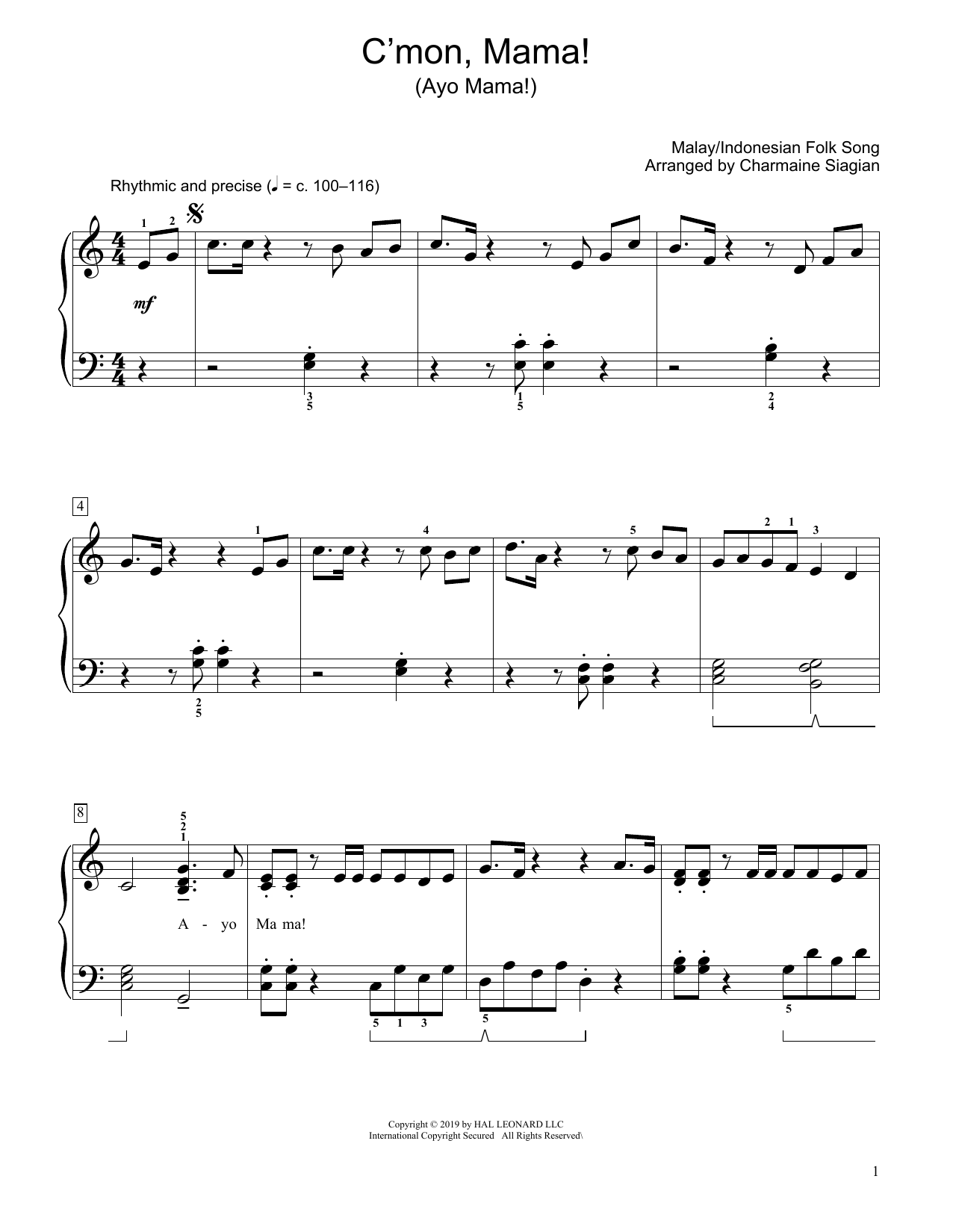 Download Traditional C'Mon, Mama! (Ayo Mama!) (arr. Charmaine Siagian) Sheet Music and learn how to play Educational Piano PDF digital score in minutes