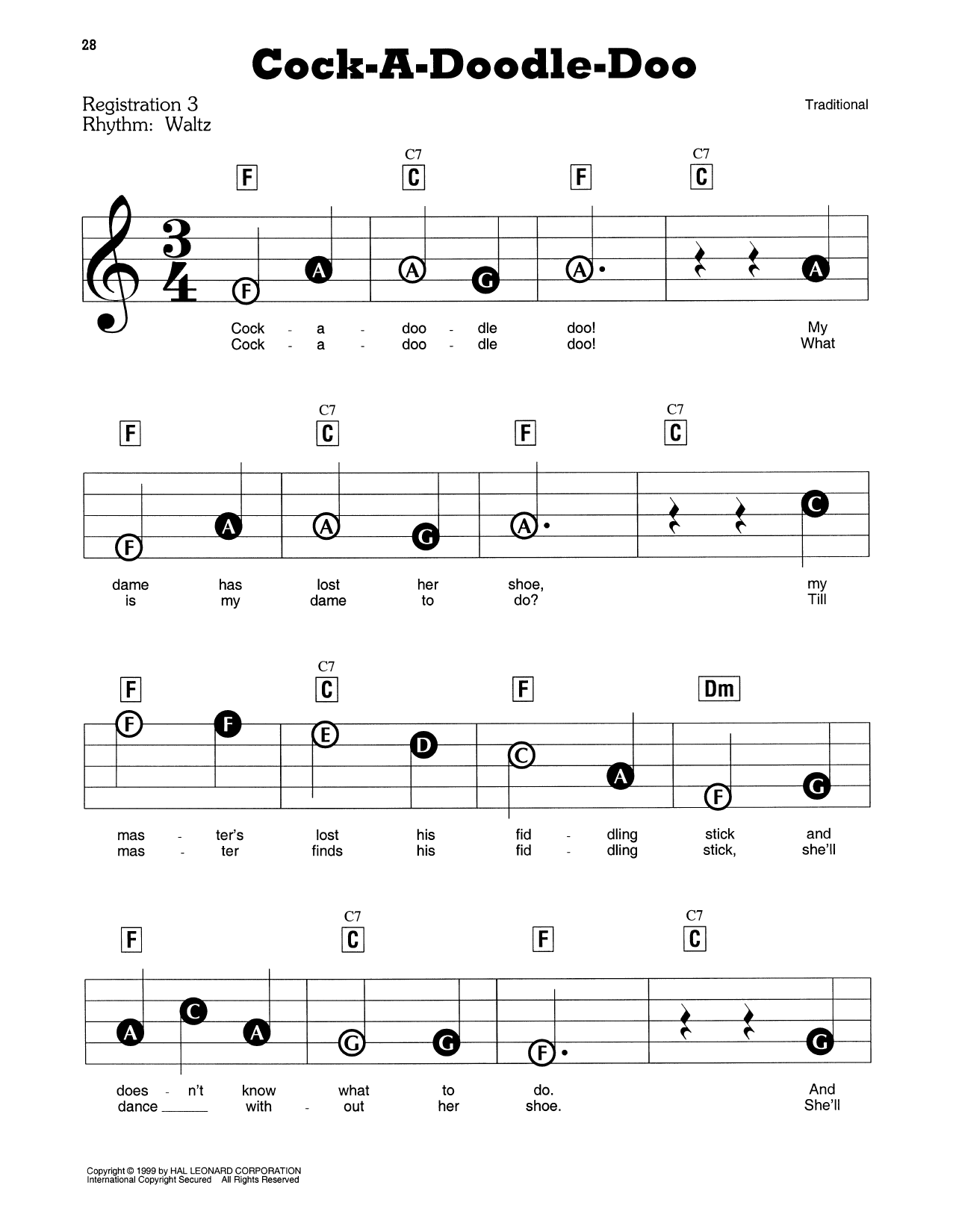 Download Traditional Cock-A-Doodle-Doo Sheet Music and learn how to play Piano, Vocal & Guitar Chords (Right-Hand Melody) PDF digital score in minutes