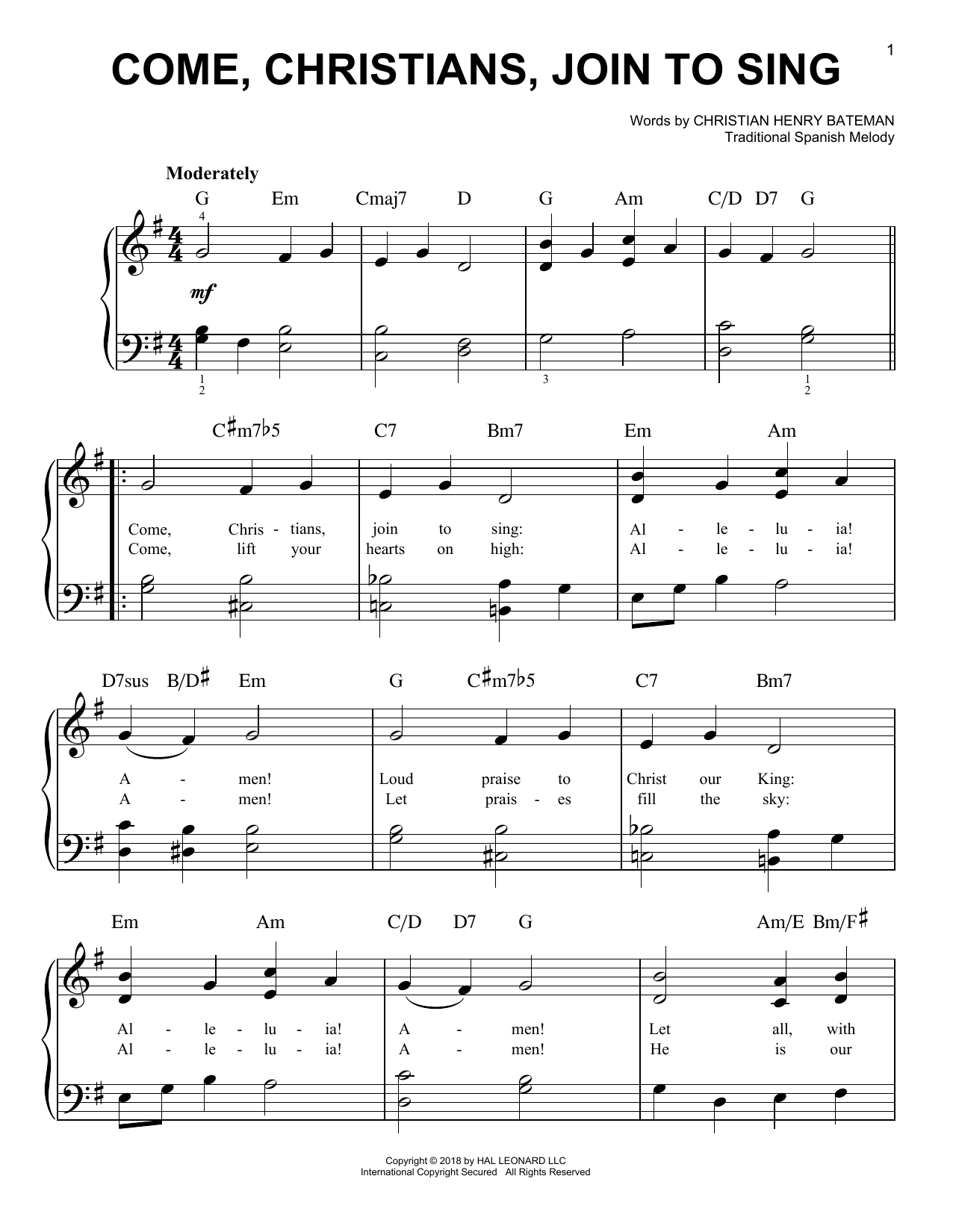 Download Traditional Come, Christians, Join To Sing Sheet Music and learn how to play Easy Piano PDF digital score in minutes