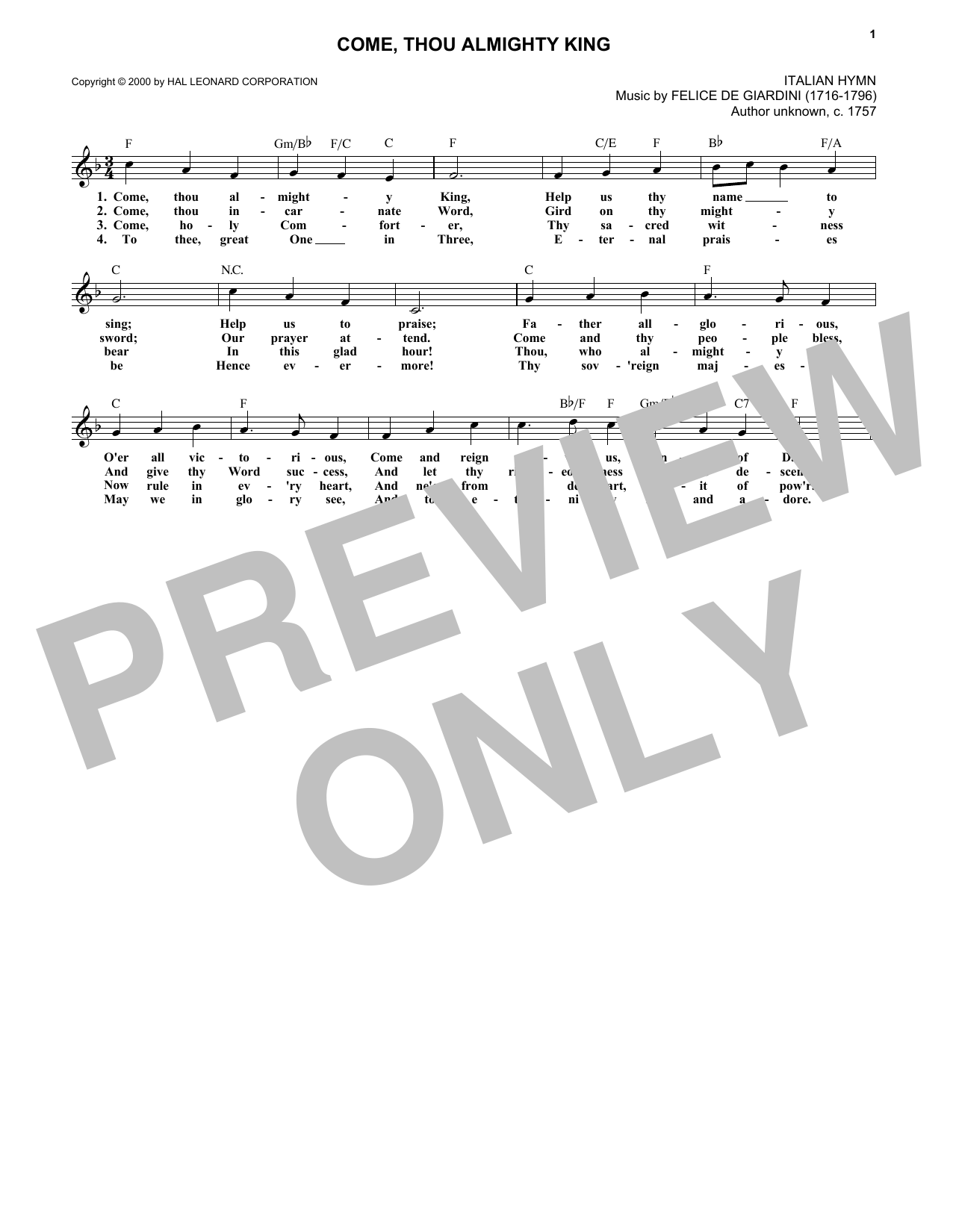 Download Traditional Come, Thou Almighty King Sheet Music and learn how to play Melody Line, Lyrics & Chords PDF digital score in minutes