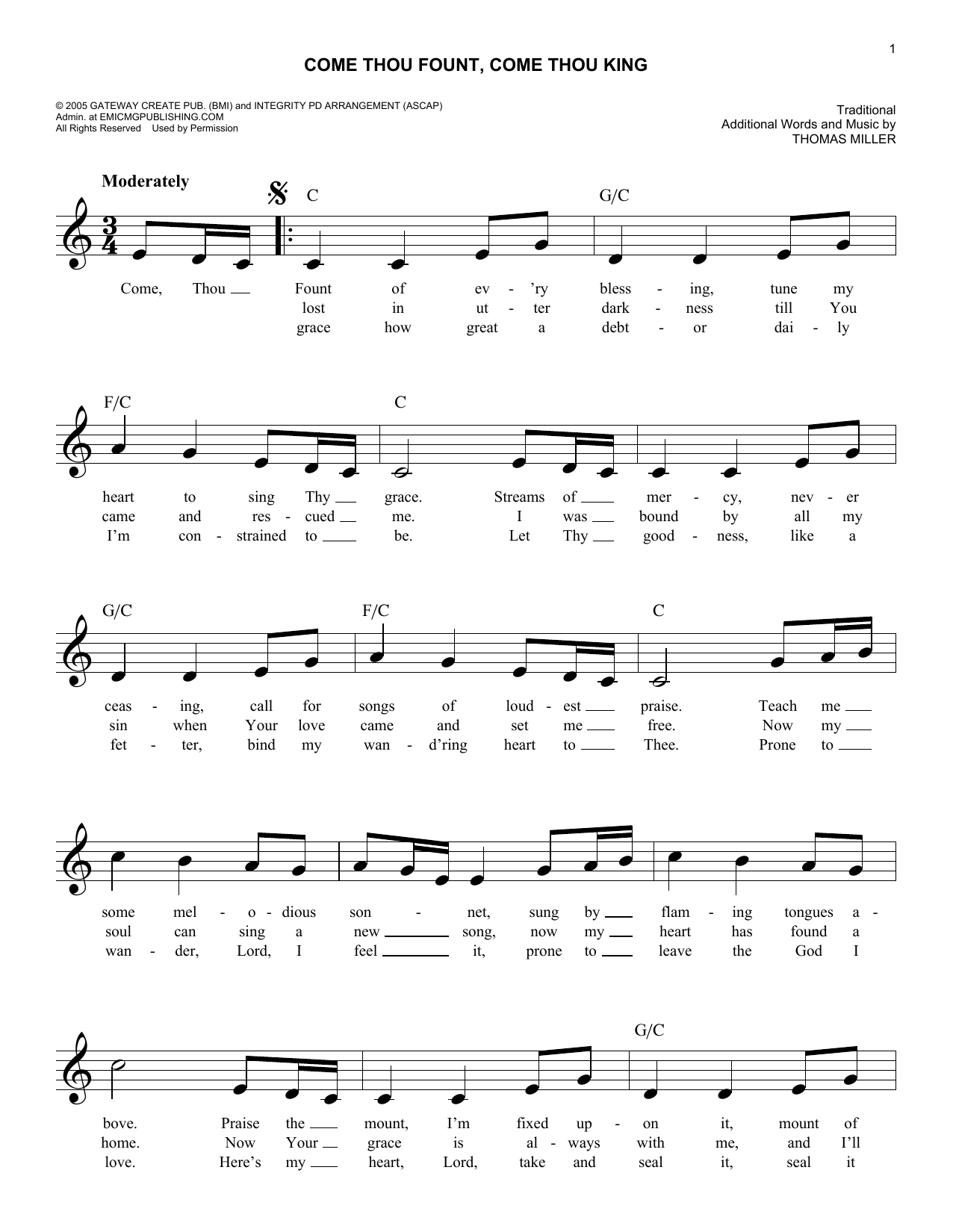 Download Traditional Come Thou Fount, Come Thou King Sheet Music and learn how to play Melody Line, Lyrics & Chords PDF digital score in minutes