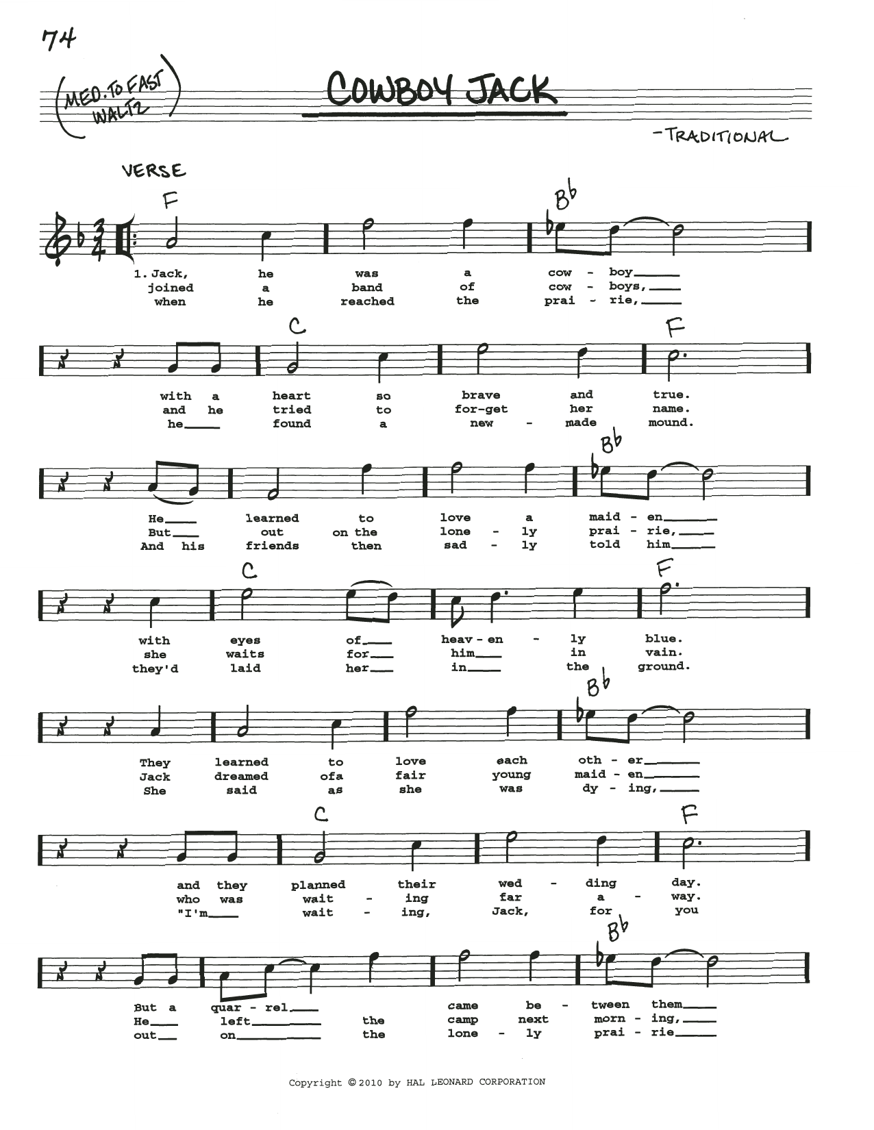 Download Traditional Cowboy Jack Sheet Music and learn how to play Real Book – Melody, Lyrics & Chords PDF digital score in minutes