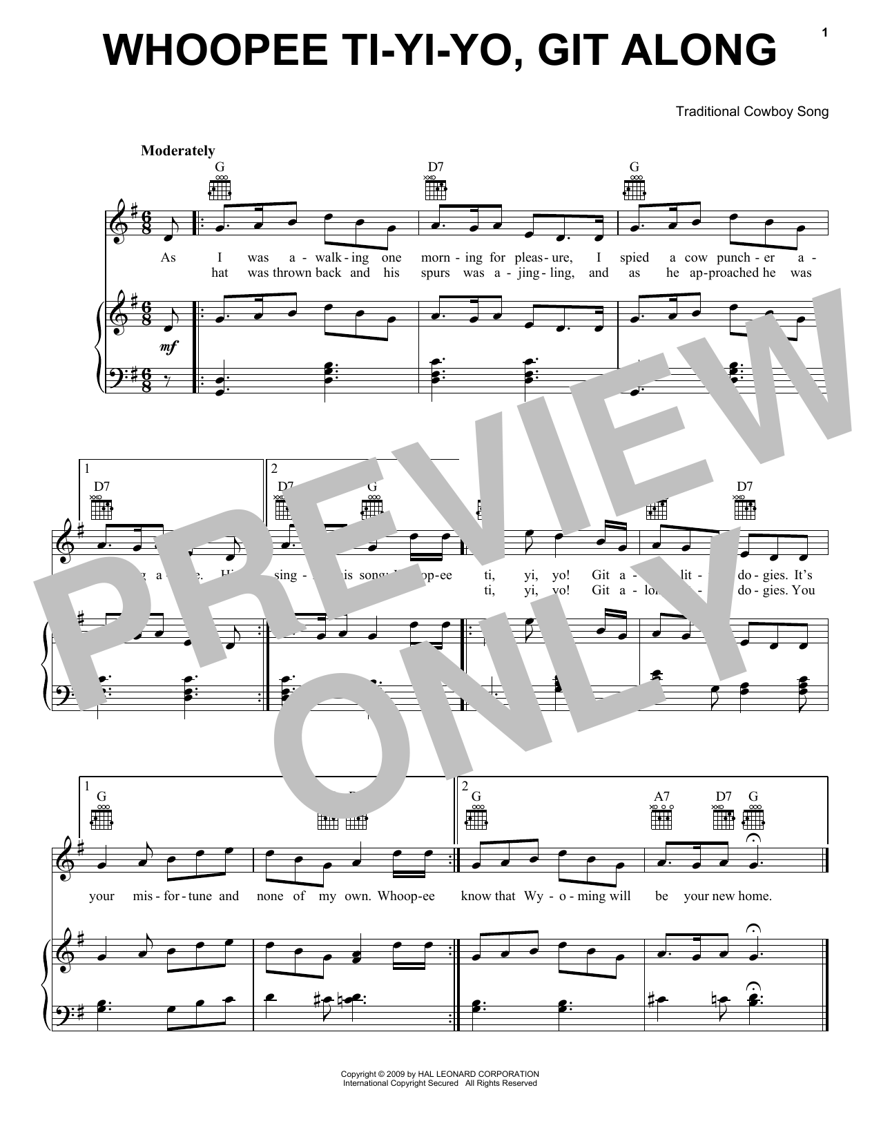 Download Traditional Cowboy Song Whoopee Ti-Yi-Yo, Git Along Sheet Music and learn how to play Piano, Vocal & Guitar Chords (Right-Hand Melody) PDF digital score in minutes