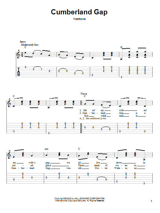 Download Traditional Cumberland Gap Sheet Music and learn how to play Banjo Tab PDF digital score in minutes