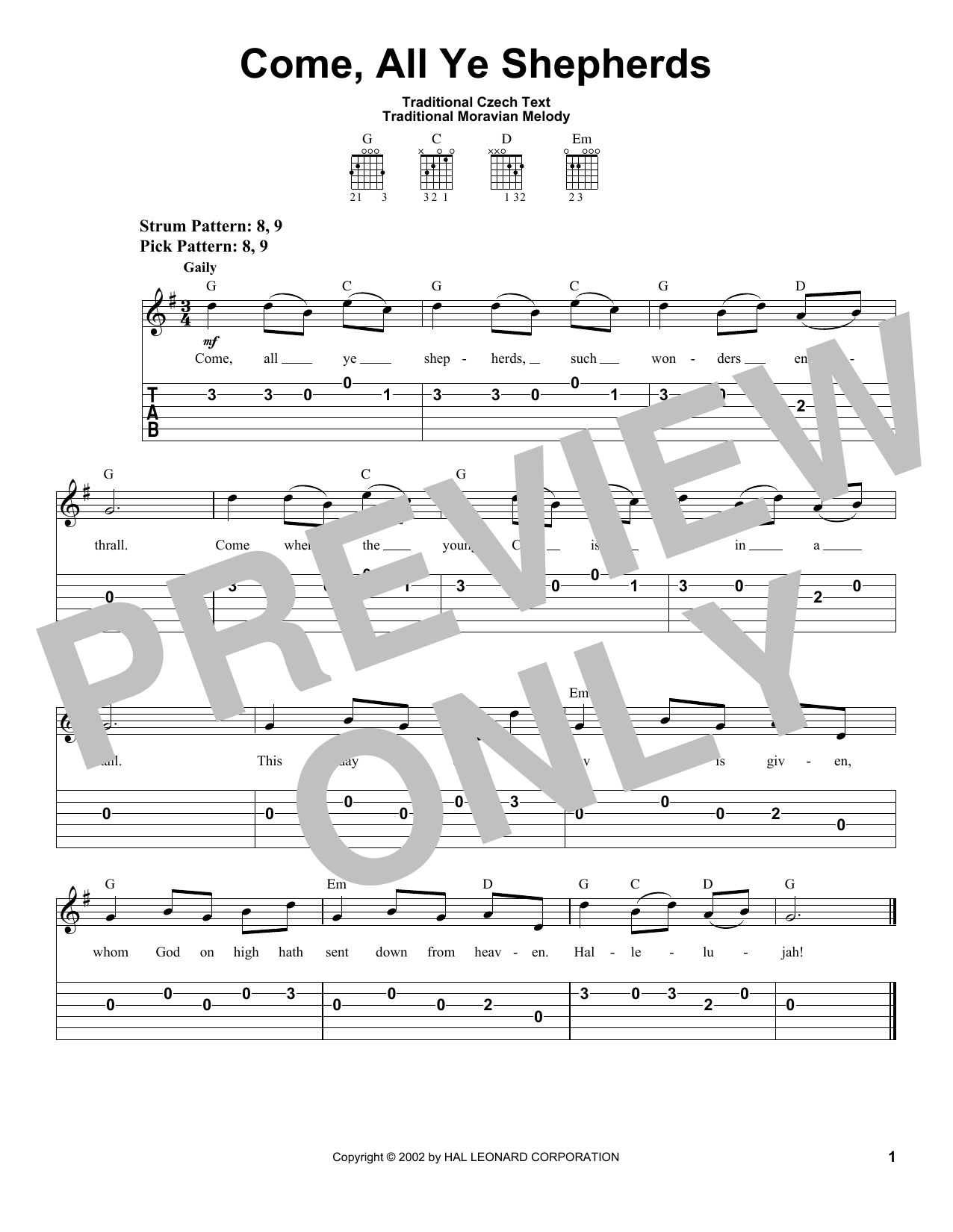 Download Traditional Czech Text Come, All Ye Shepherds Sheet Music and learn how to play Easy Guitar Tab PDF digital score in minutes