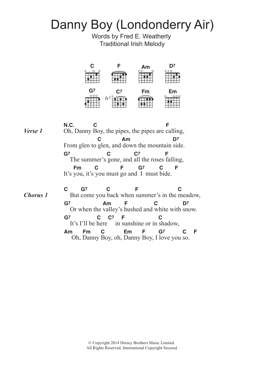 Download Irish Folksong Danny Boy (Londonderry Air) Sheet Music and learn how to play Lyrics & Chords PDF digital score in minutes