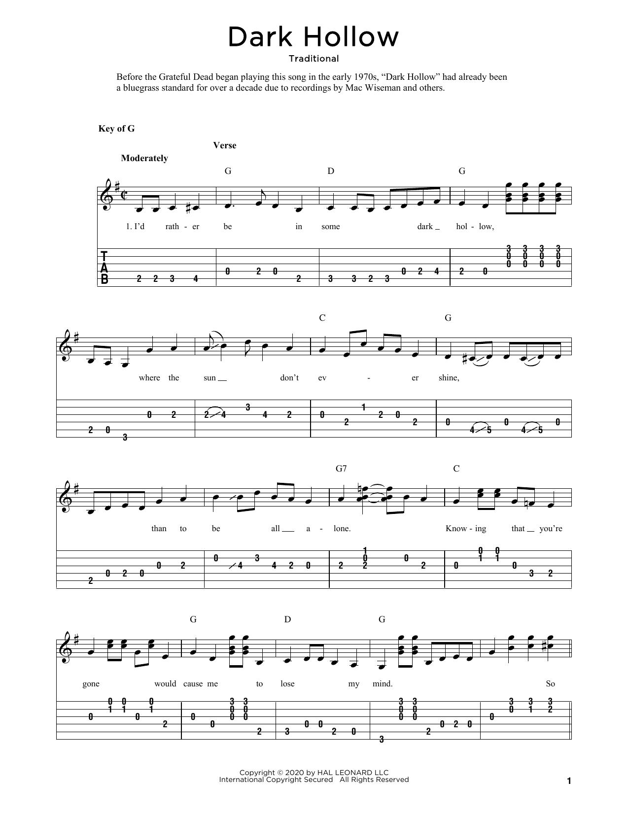 Download Traditional Dark Hollow (arr. Fred Sokolow) Sheet Music and learn how to play Solo Guitar PDF digital score in minutes
