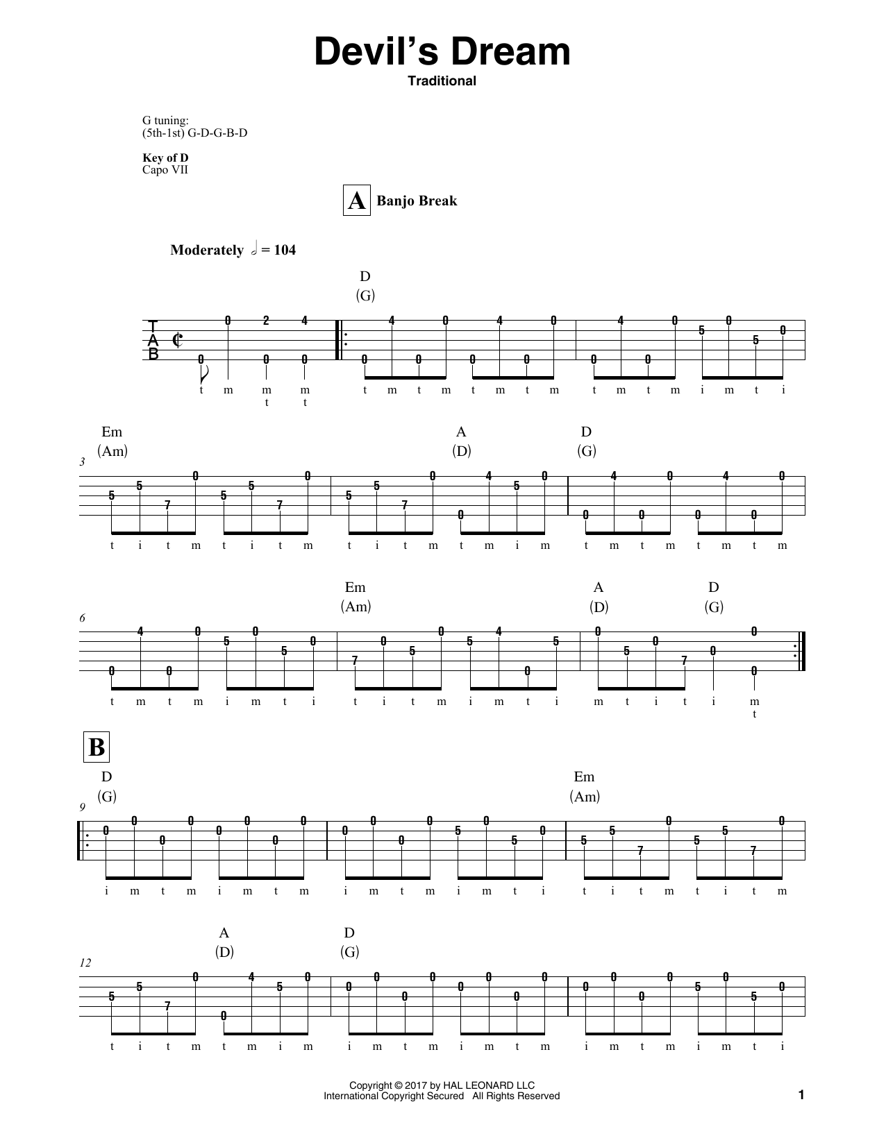 Download Traditional Devil's Dream Sheet Music and learn how to play Banjo PDF digital score in minutes