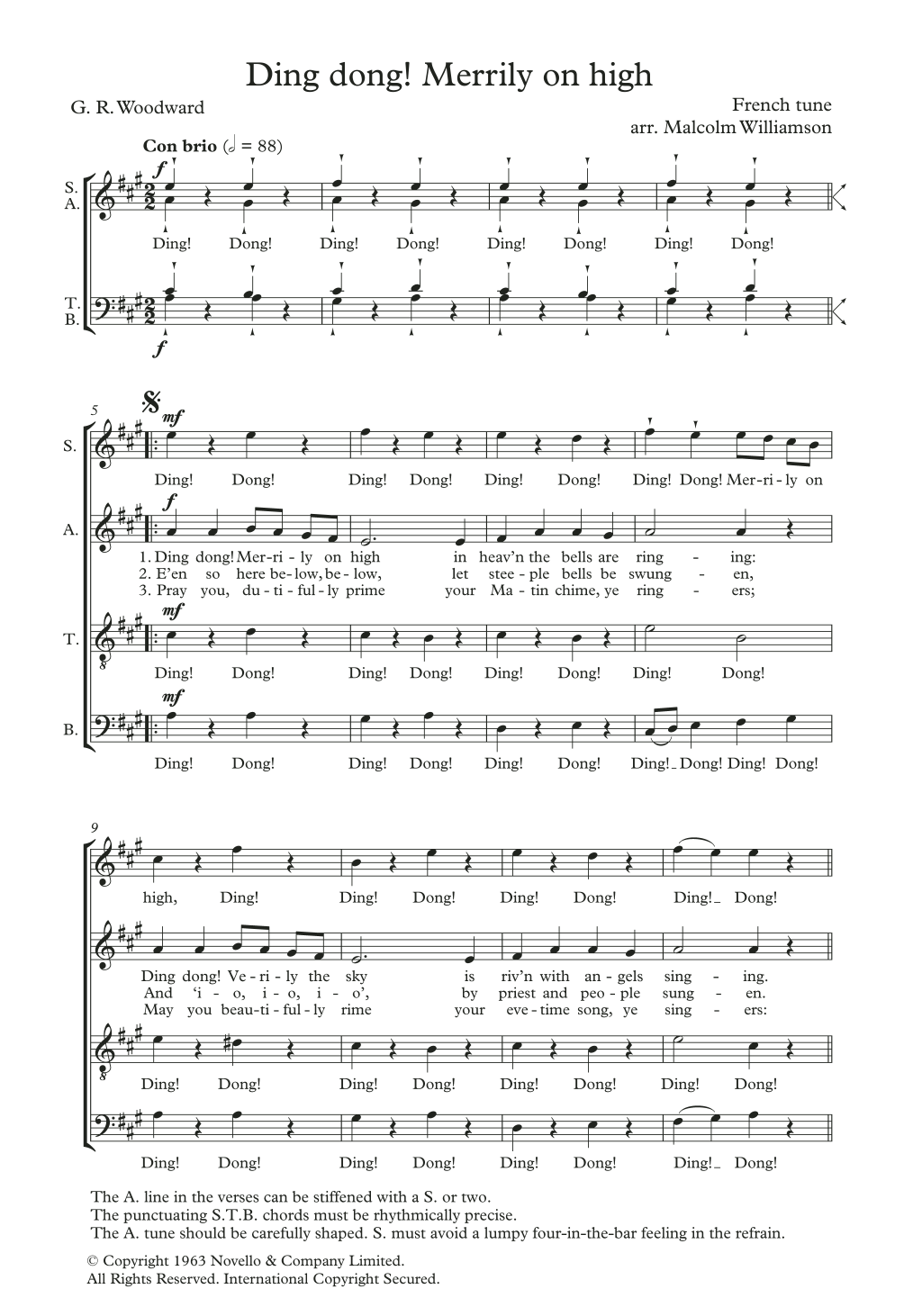 Download Traditional Ding Dong! Merrily On High (arr. Malcolm Williamson) Sheet Music and learn how to play SATB Choir PDF digital score in minutes