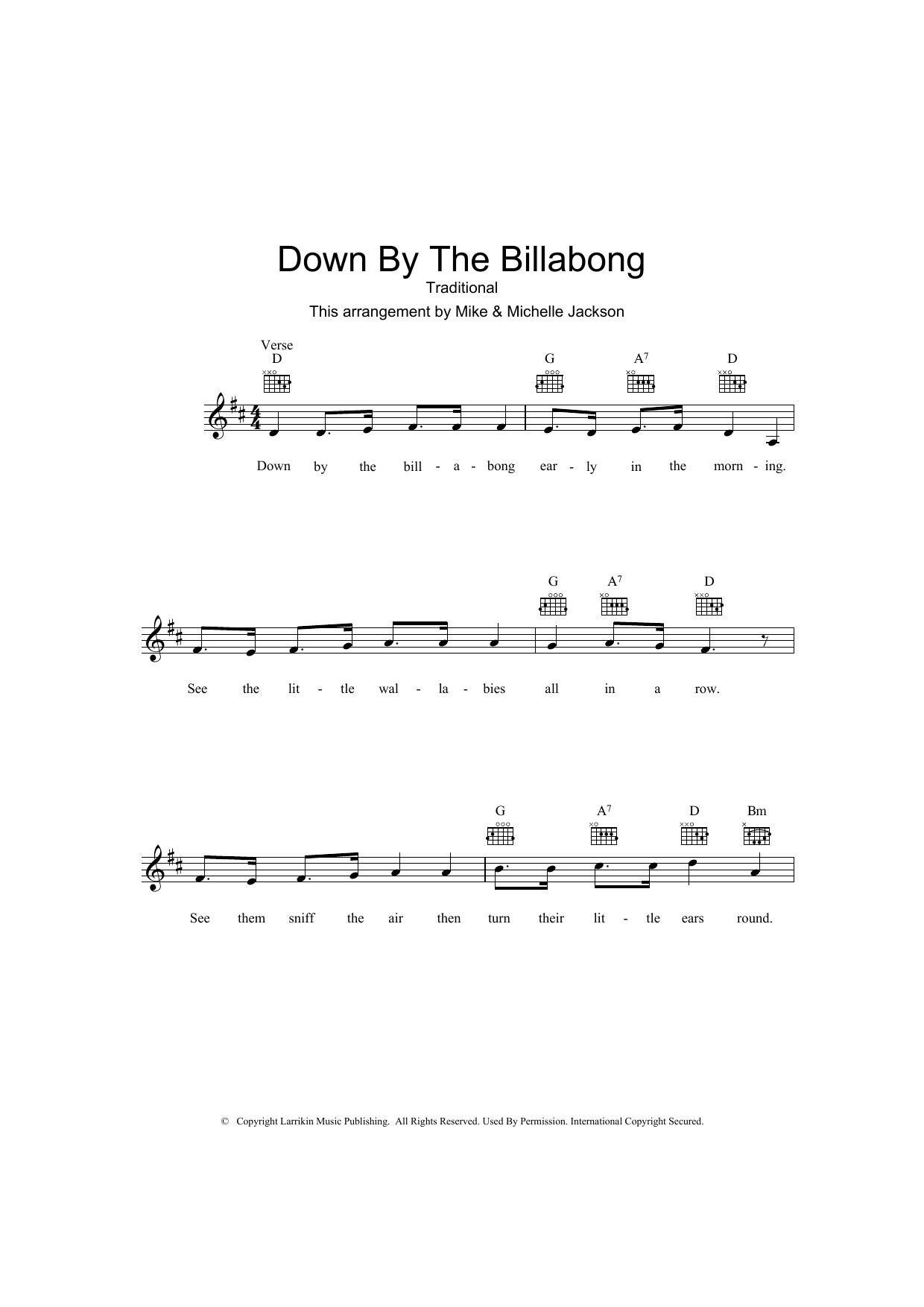 Download Traditional Down By The Billabong Sheet Music and learn how to play Melody Line, Lyrics & Chords PDF digital score in minutes