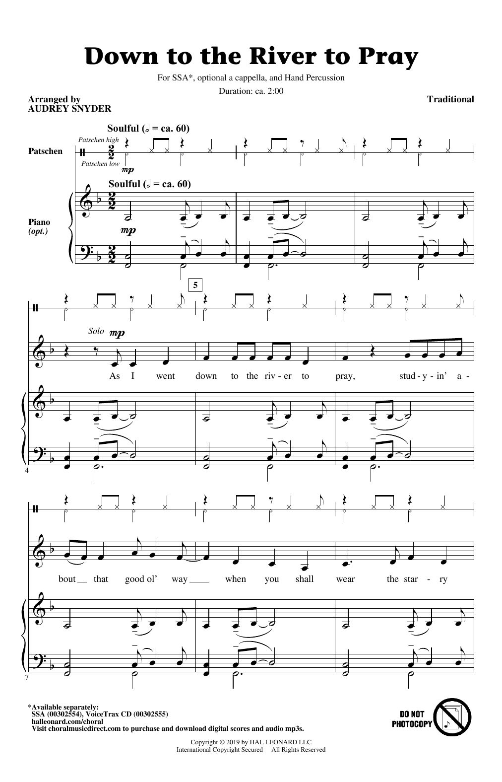 Download Traditional Down To The River To Pray (arr. Audrey Snyder) Sheet Music and learn how to play SSA Choir PDF digital score in minutes