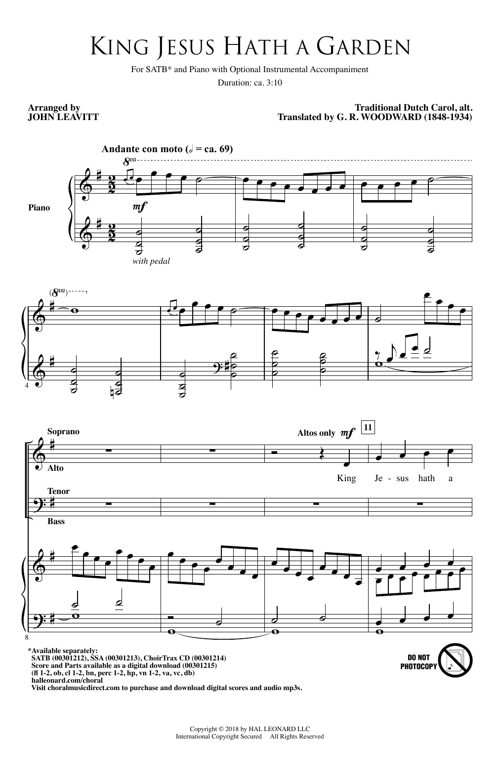 Download Traditional Dutch Carol King Jesus Hath A Garden (arr. John Leavitt) Sheet Music and learn how to play SSA Choir PDF digital score in minutes