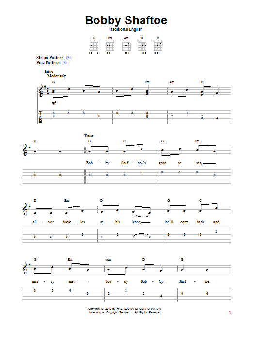 Download Traditional English Bobby Shaftoe Sheet Music and learn how to play Easy Guitar Tab PDF digital score in minutes