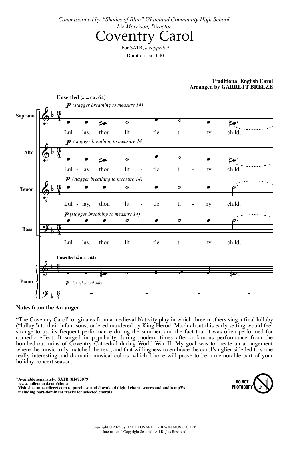 Download Traditional English Carol Coventry Carol (arr. Garrett Breeze) Sheet Music and learn how to play SATB Choir PDF digital score in minutes