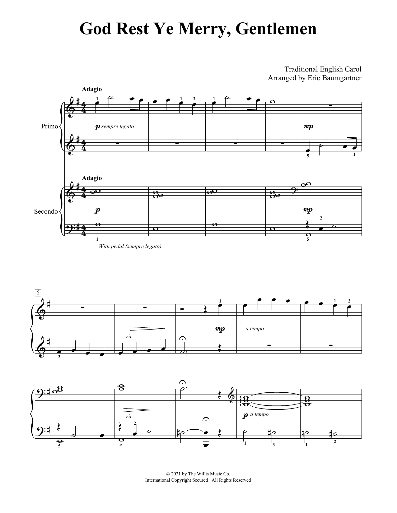 Download Traditional English Carol God Rest Ye Merry, Gentlemen (arr. Eric Baumgartner) Sheet Music and learn how to play Piano Duet PDF digital score in minutes
