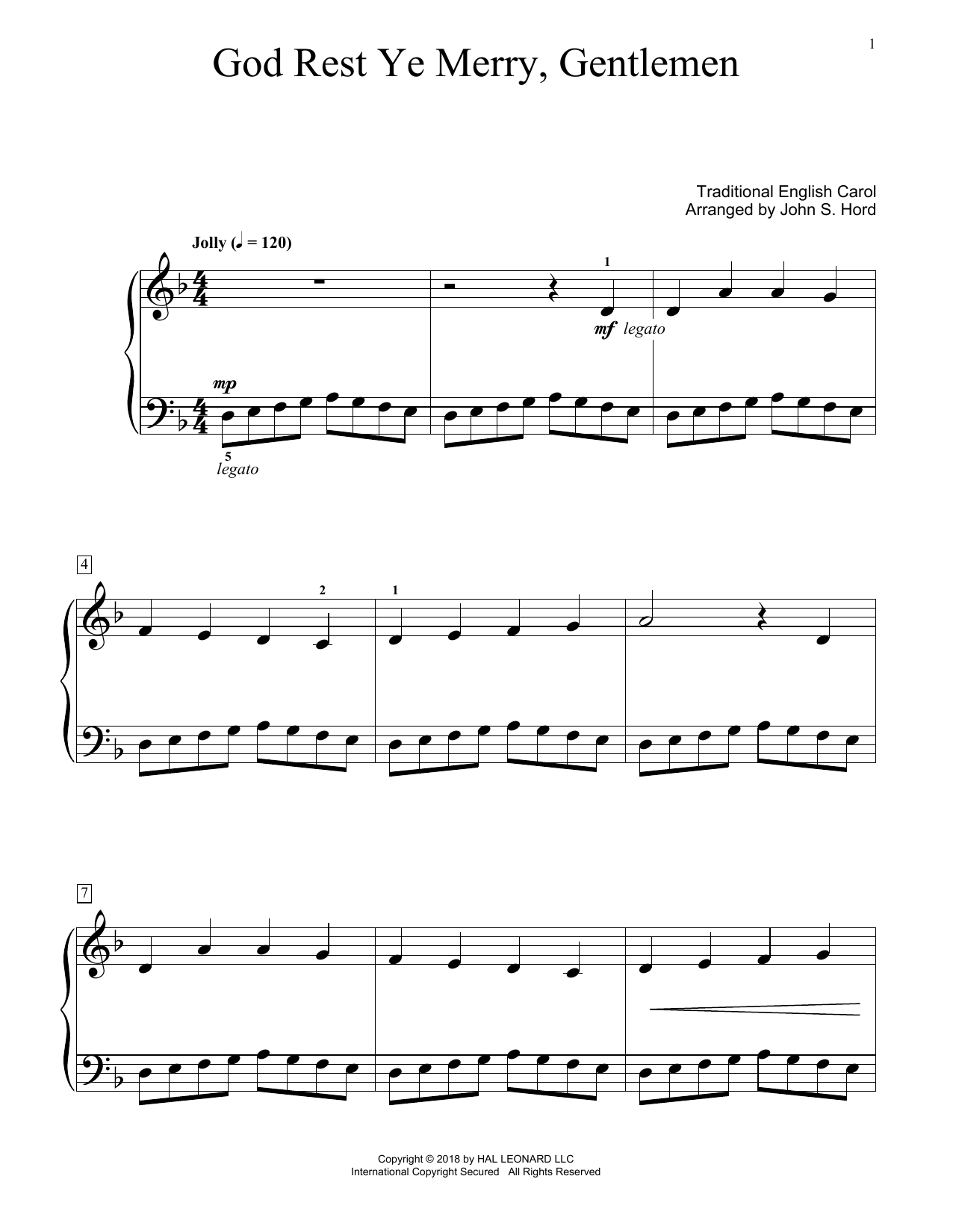 Download Traditional English Carol God Rest Ye Merry, Gentlemen (arr. John S. Hord) Sheet Music and learn how to play Educational Piano PDF digital score in minutes