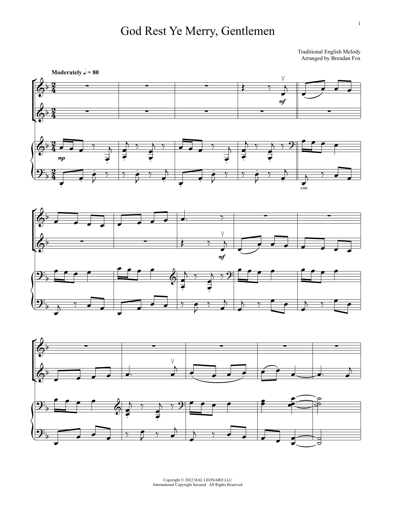 Download Traditional English Carol God Rest Ye Merry, Gentlemen (for Violin Duet and Piano) Sheet Music and learn how to play Violin and Piano PDF digital score in minutes