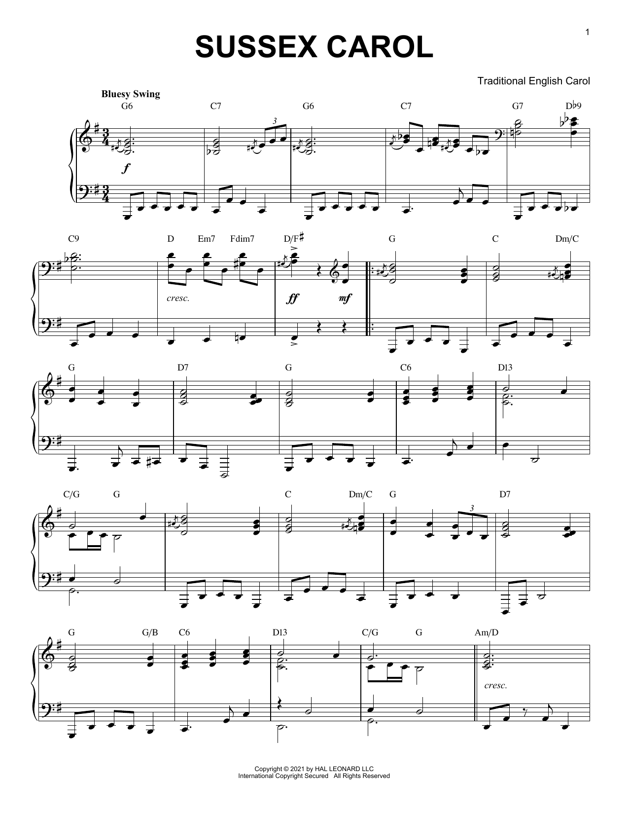 Download Traditional English Carol Sussex Carol [Jazz version] (arr. Brent Edstrom) Sheet Music and learn how to play Piano Solo PDF digital score in minutes