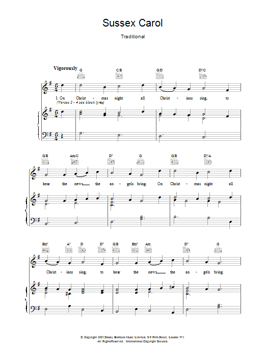 Download Traditional English Carol Sussex Carol Sheet Music and learn how to play Guitar Lead Sheet PDF digital score in minutes