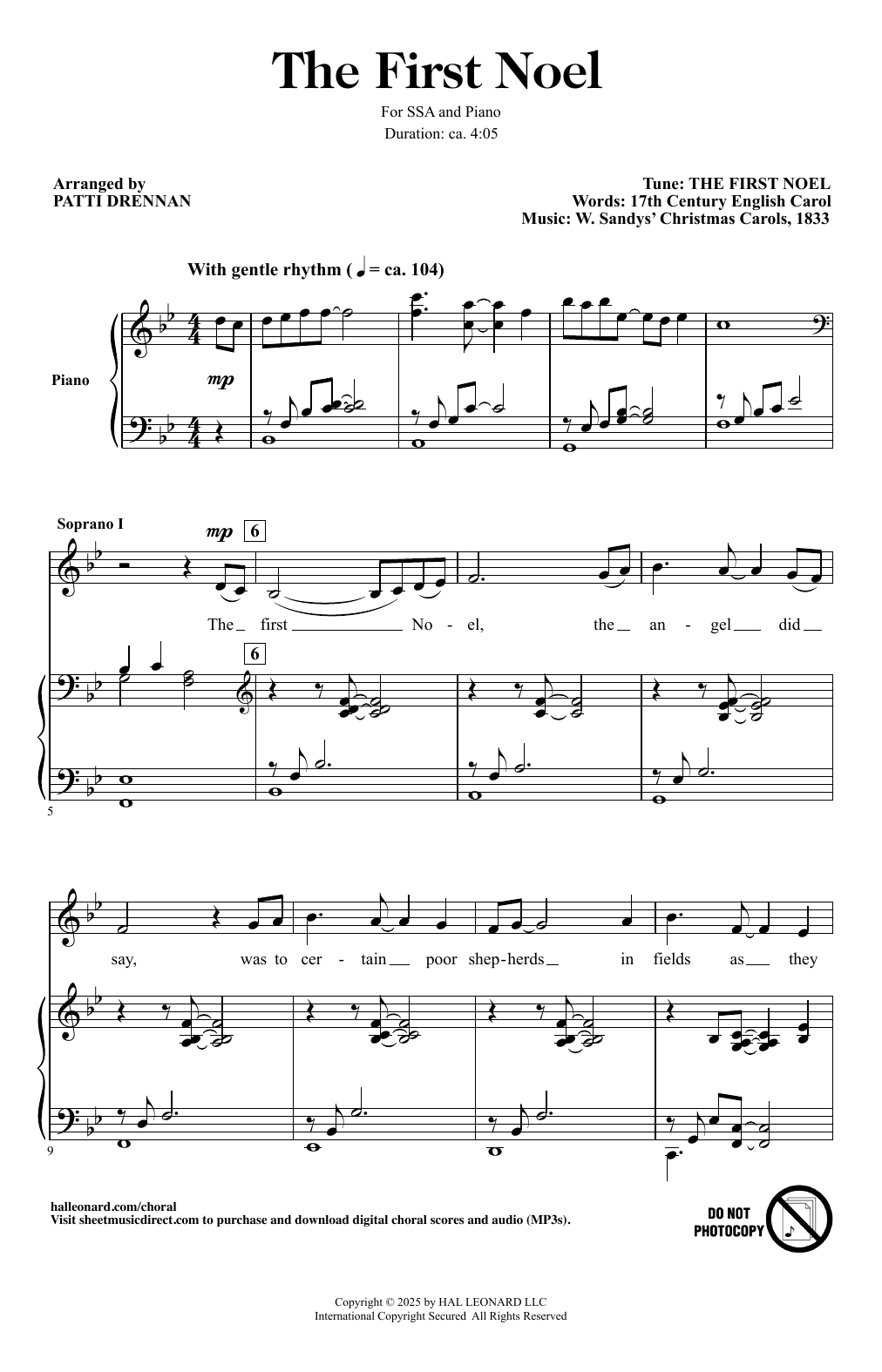Download Traditional English Carol The First Noel (arr. Patti Drennan) Sheet Music and learn how to play SSA Choir PDF digital score in minutes