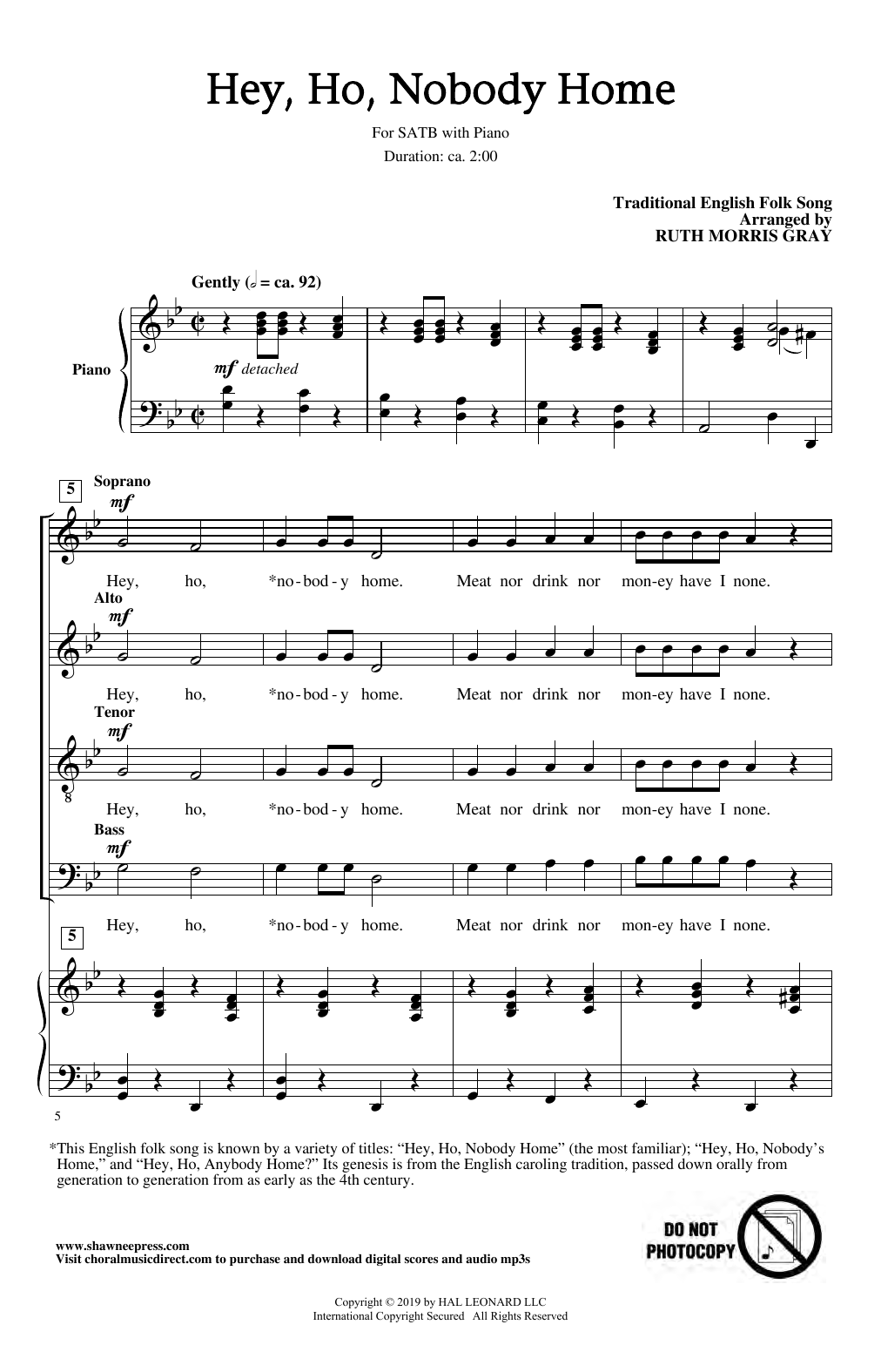 Download Traditional English Folk Song Hey Ho, Nobody Home (arr. Ruth Morris Gray) Sheet Music and learn how to play SATB Choir PDF digital score in minutes