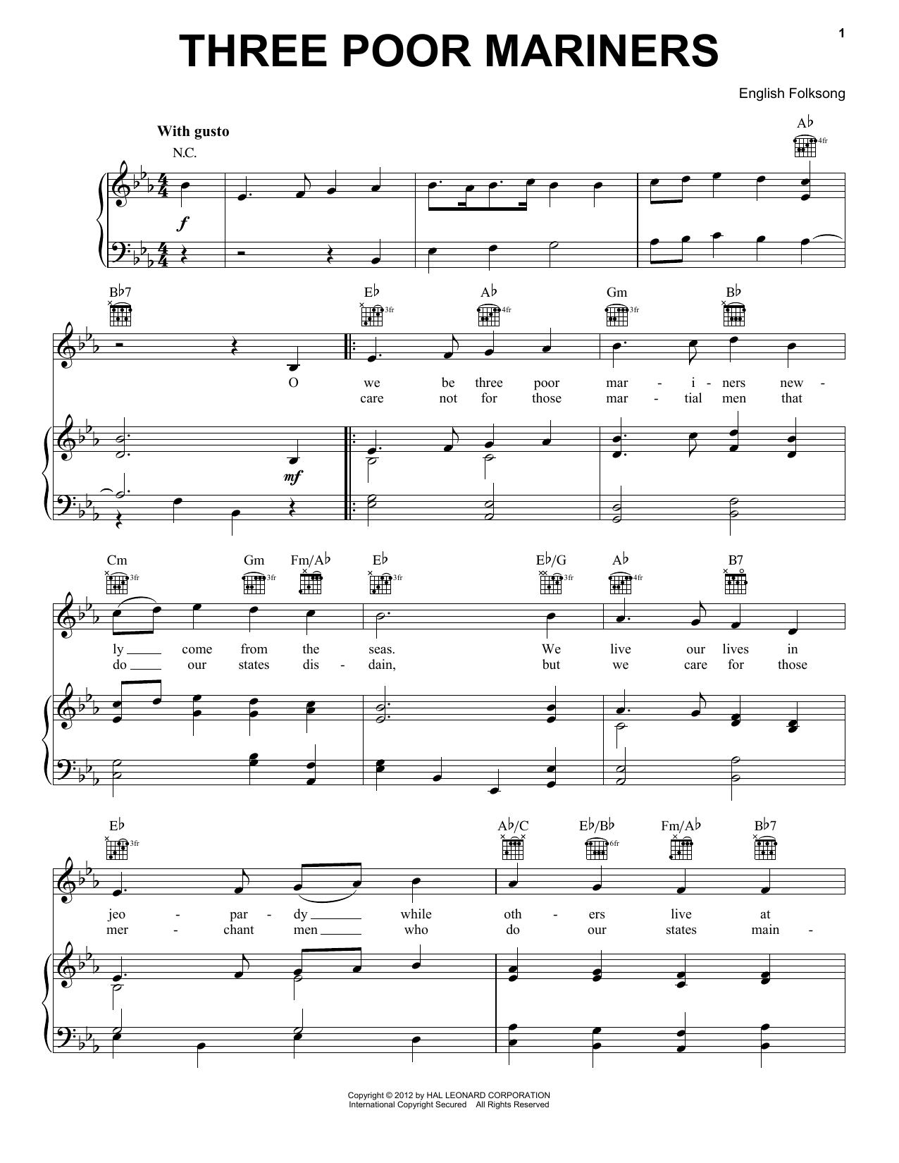 Download Traditional English Folksong Three Poor Mariners Sheet Music and learn how to play Piano, Vocal & Guitar (Right-Hand Melody) PDF digital score in minutes