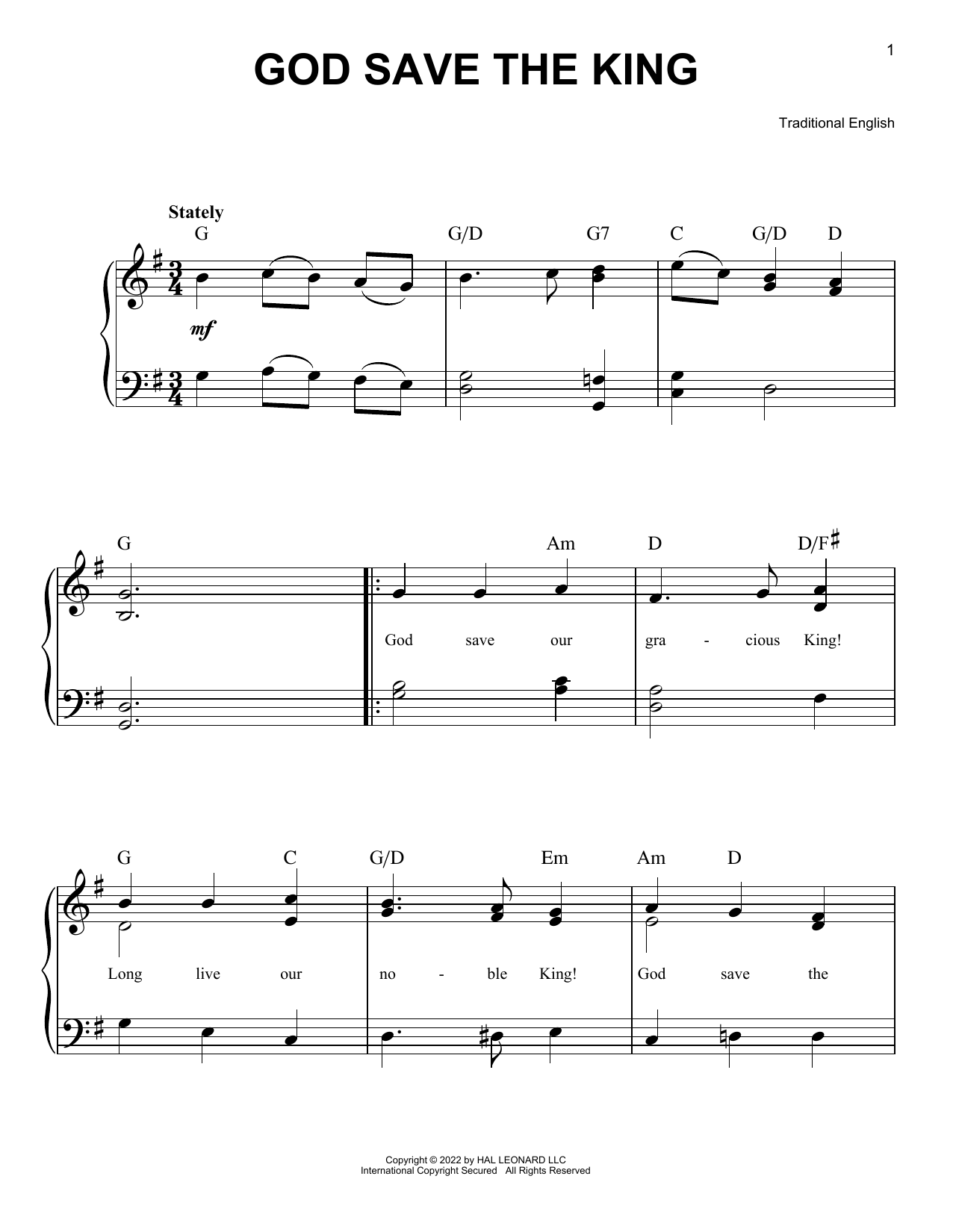 Download Traditional English God Save The King (UK National Anthem) Sheet Music and learn how to play Piano, Vocal & Guitar Chords (Right-Hand Melody) PDF digital score in minutes
