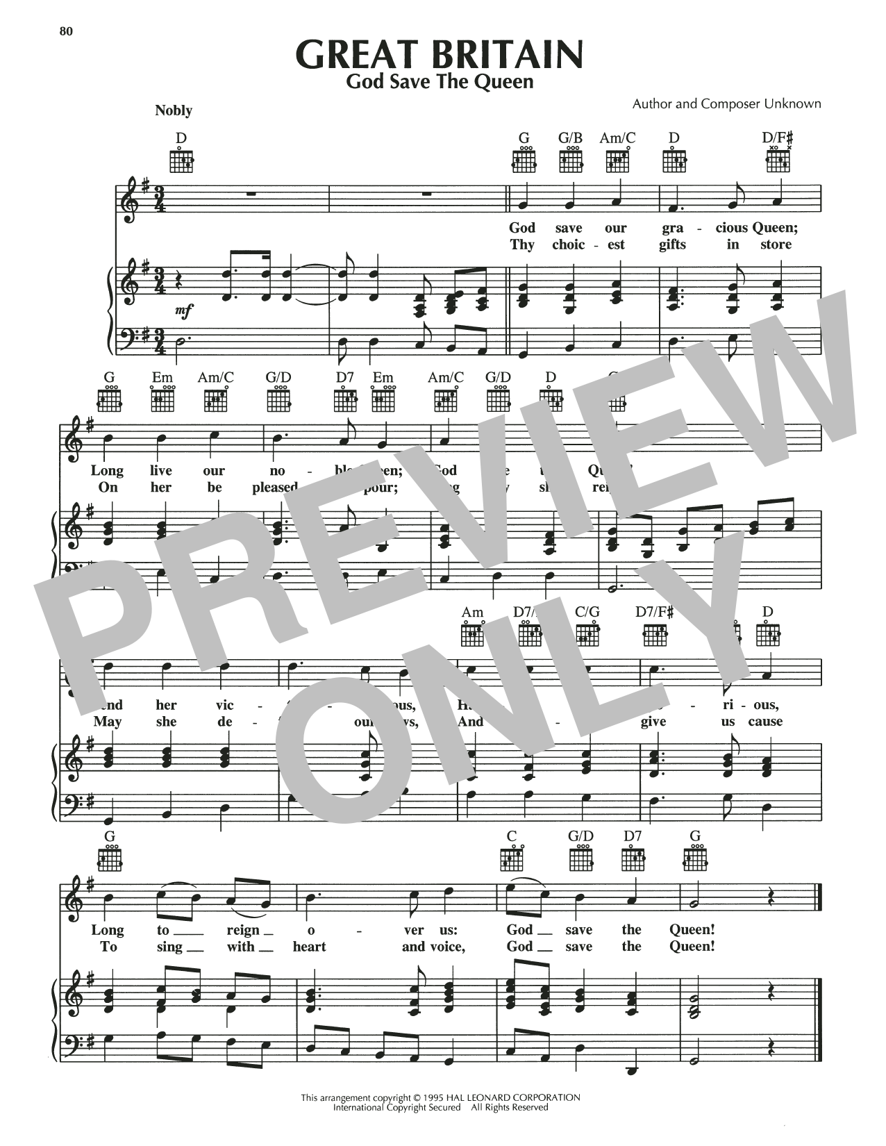 Download Traditional English God Save The Queen Sheet Music and learn how to play Piano, Vocal & Guitar Chords (Right-Hand Melody) PDF digital score in minutes