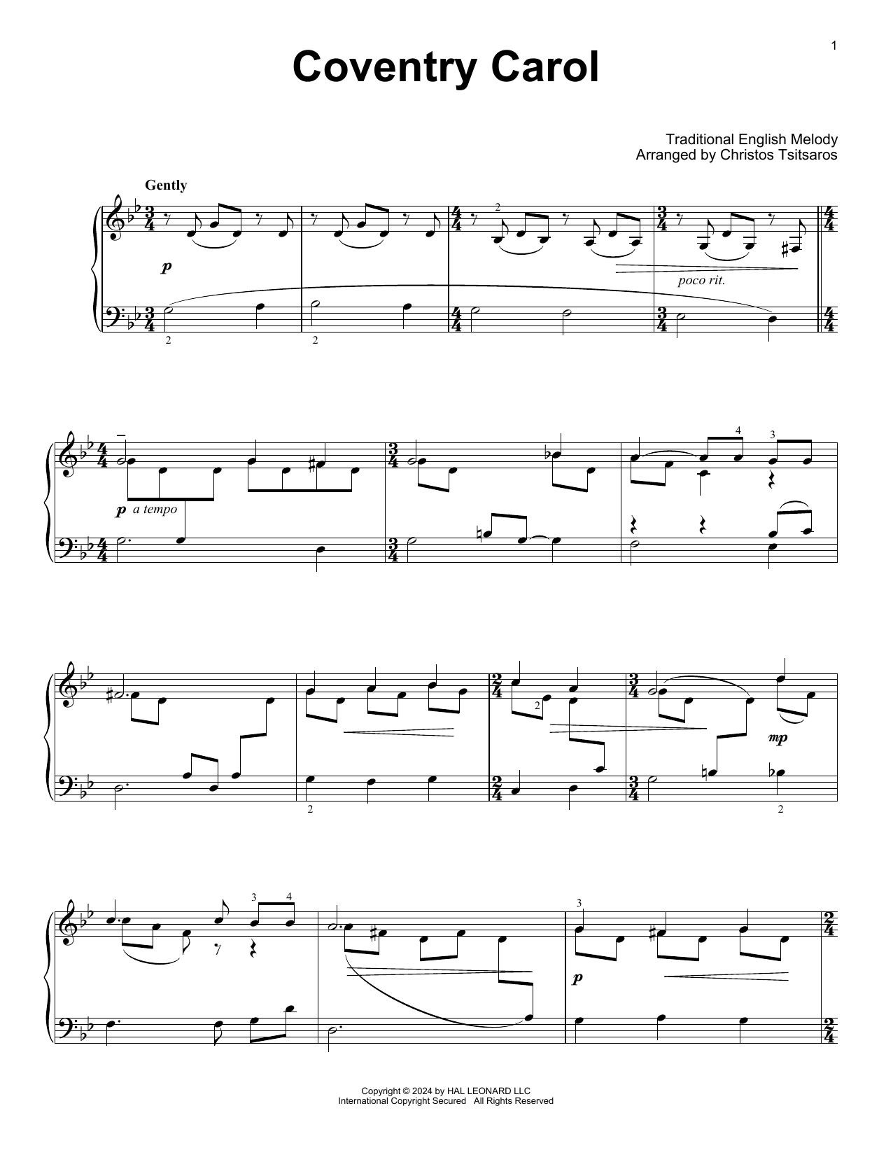 Download Traditional English Melody Coventry Carol (arr. Christos Tsitsaros) Sheet Music and learn how to play Easy Piano Solo PDF digital score in minutes