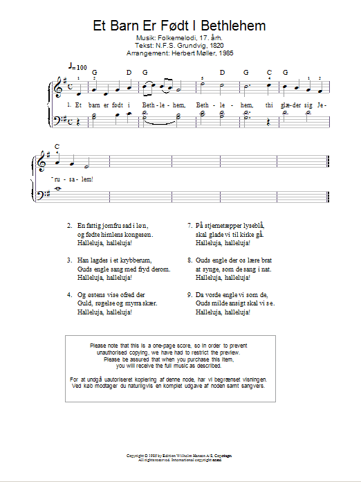 Download Traditional Et Barn Er Født I Bethlehem Sheet Music and learn how to play Piano PDF digital score in minutes