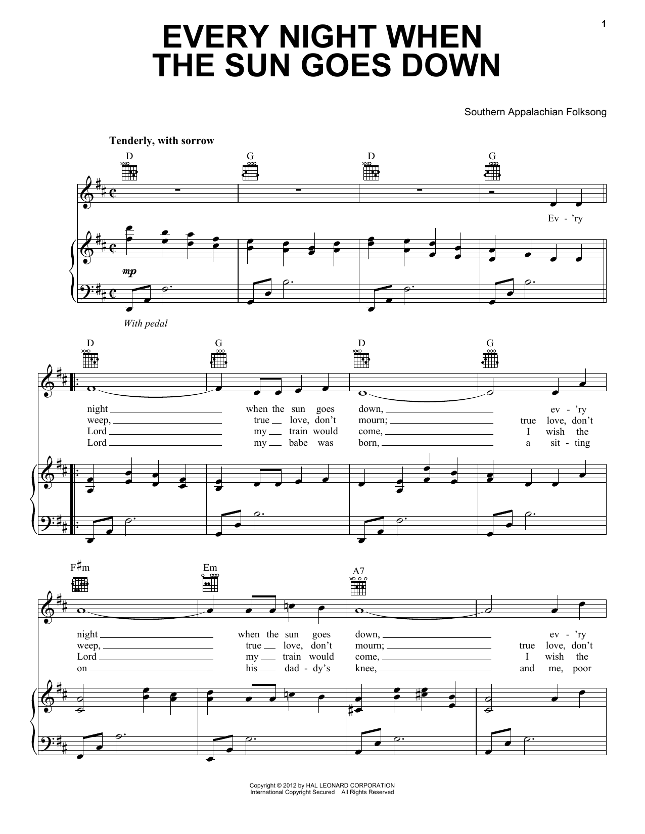 Download Traditional Every Night When Sun Goes Down Sheet Music and learn how to play Piano, Vocal & Guitar (Right-Hand Melody) PDF digital score in minutes