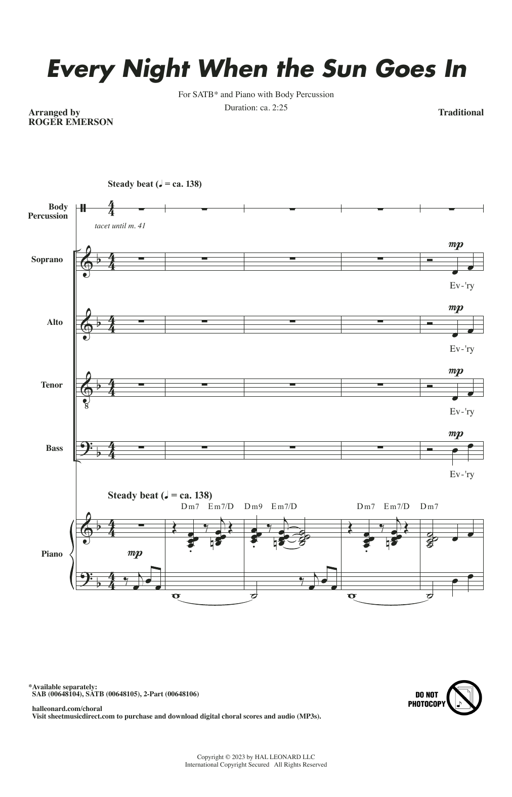 Download Traditional Every Night When The Sun Goes In (arr. Roger Emerson) Sheet Music and learn how to play 2-Part Choir PDF digital score in minutes