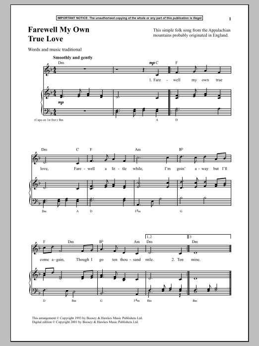 Download Traditional Farewell My Own True Love Sheet Music and learn how to play Piano PDF digital score in minutes