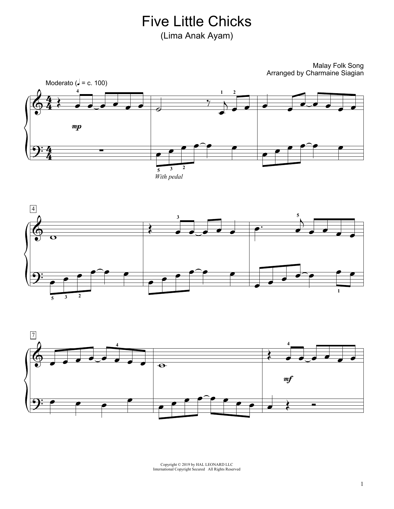 Download Traditional Five Little Chicks (Lima Anak Ayam) (arr. Charmaine Siagian) Sheet Music and learn how to play Educational Piano PDF digital score in minutes