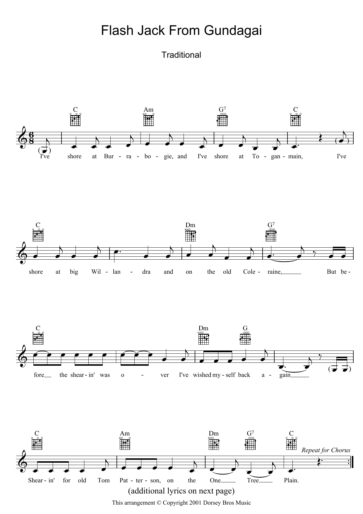 Download Traditional Flash Jack From Gundagai Sheet Music and learn how to play Melody Line, Lyrics & Chords PDF digital score in minutes