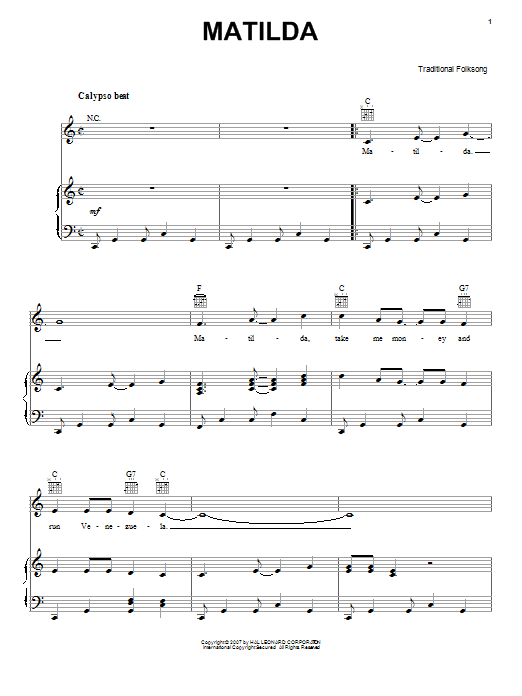 Download Traditional Folk Song Matilda Sheet Music and learn how to play Melody Line, Lyrics & Chords PDF digital score in minutes