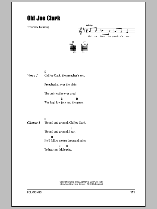 Download Tennessee Folksong Old Joe Clark Sheet Music and learn how to play Lyrics & Chords PDF digital score in minutes