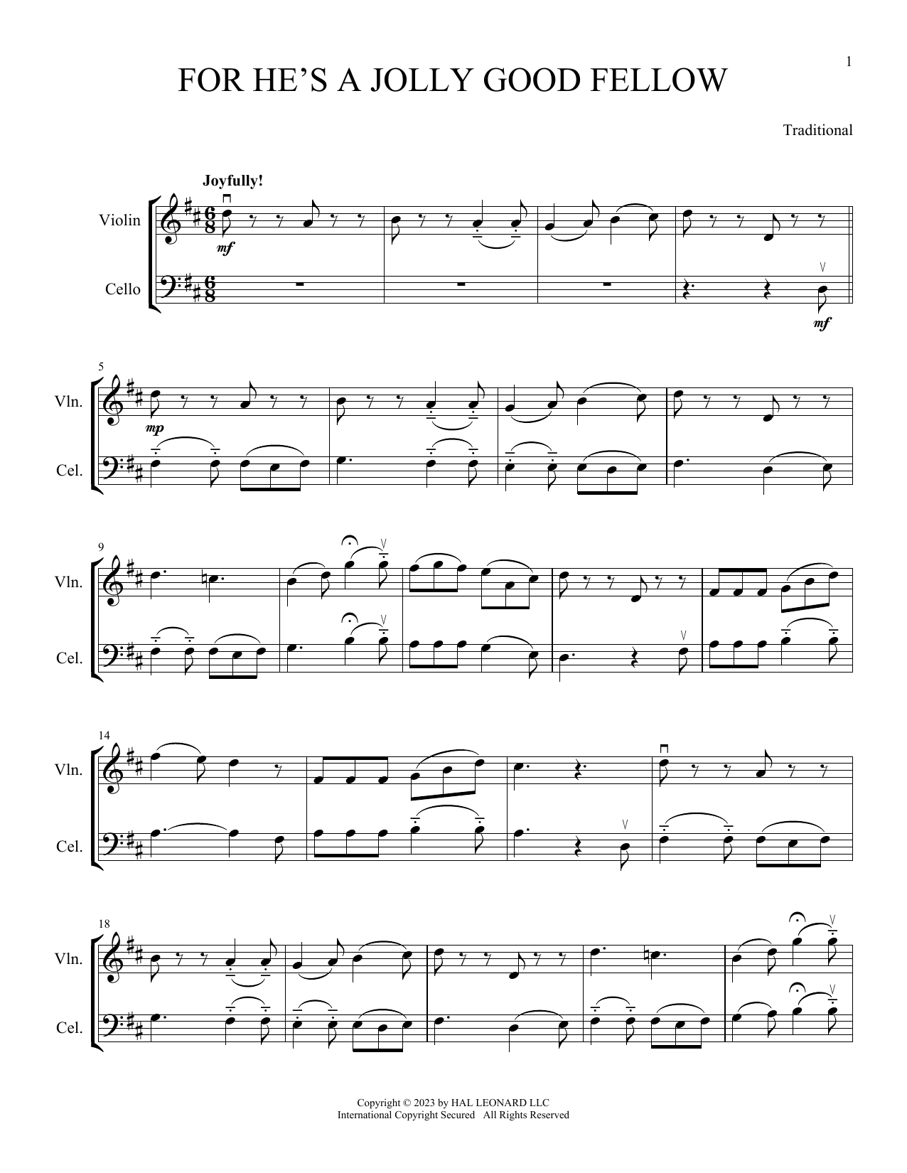 Download Traditional For He's A Jolly Good Fellow (arr. Michelle Hynson) Sheet Music and learn how to play Instrumental Duet PDF digital score in minutes