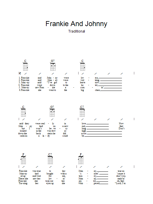 Download Traditional Frankie And Johnny Sheet Music and learn how to play Ukulele with strumming patterns PDF digital score in minutes