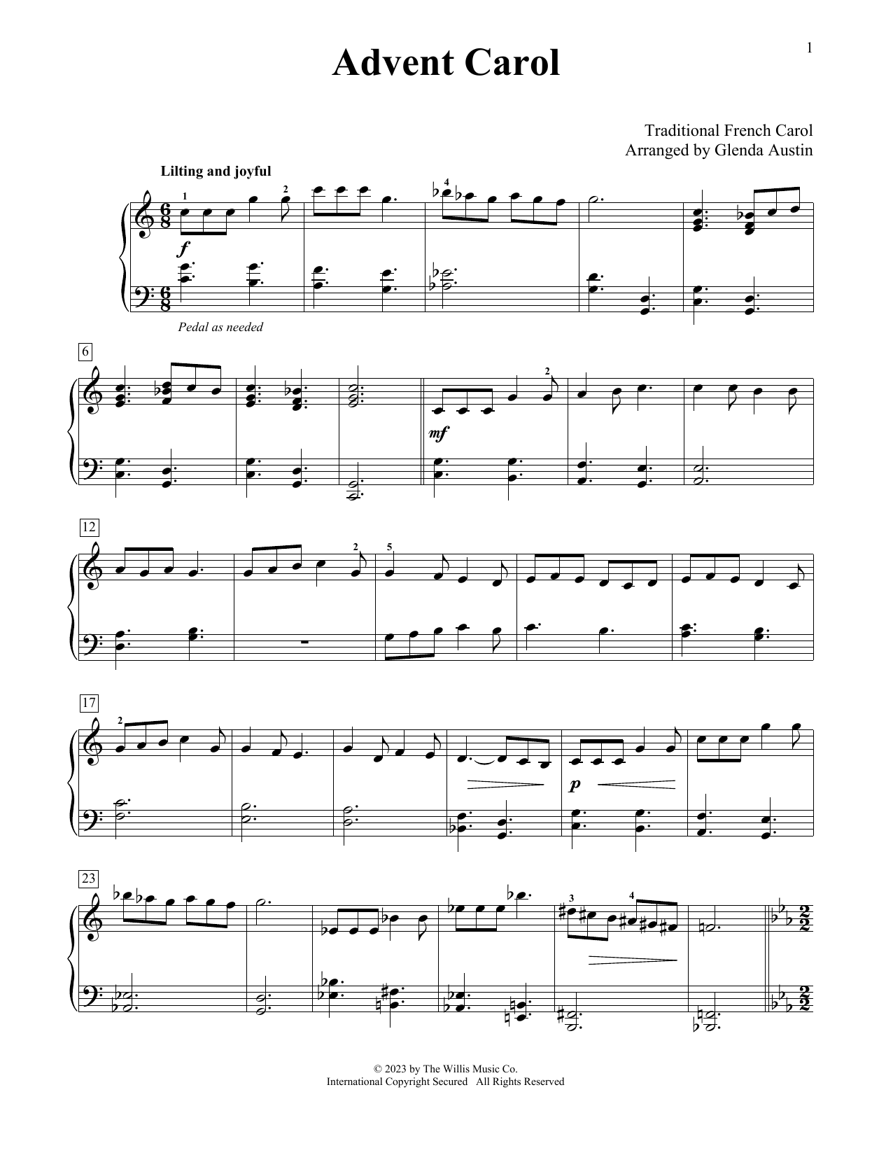 Download Traditional French Carol Advent Carol (arr. Glenda Austin) Sheet Music and learn how to play Educational Piano PDF digital score in minutes
