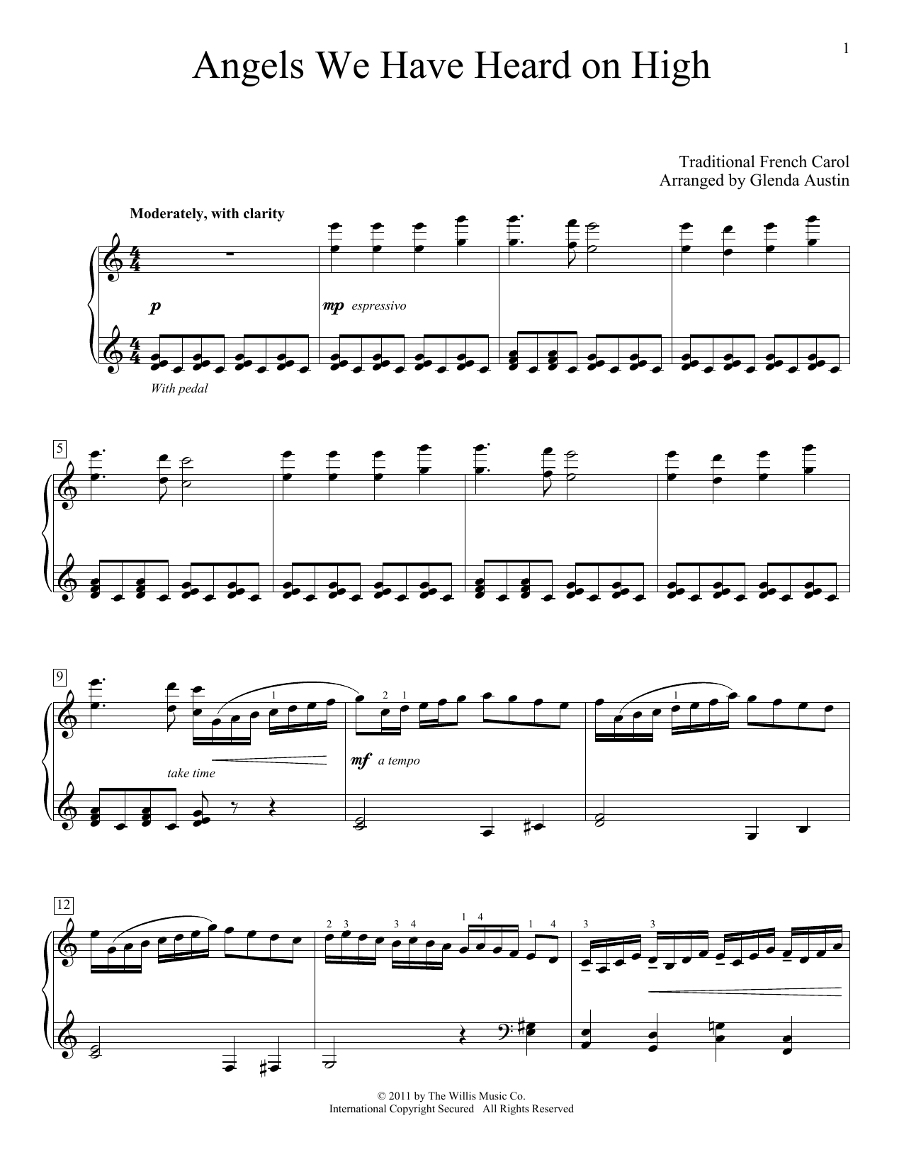 Download Traditional French Carol Angels We Have Heard On High (arr. Glenda Austin) Sheet Music and learn how to play Piano Solo PDF digital score in minutes