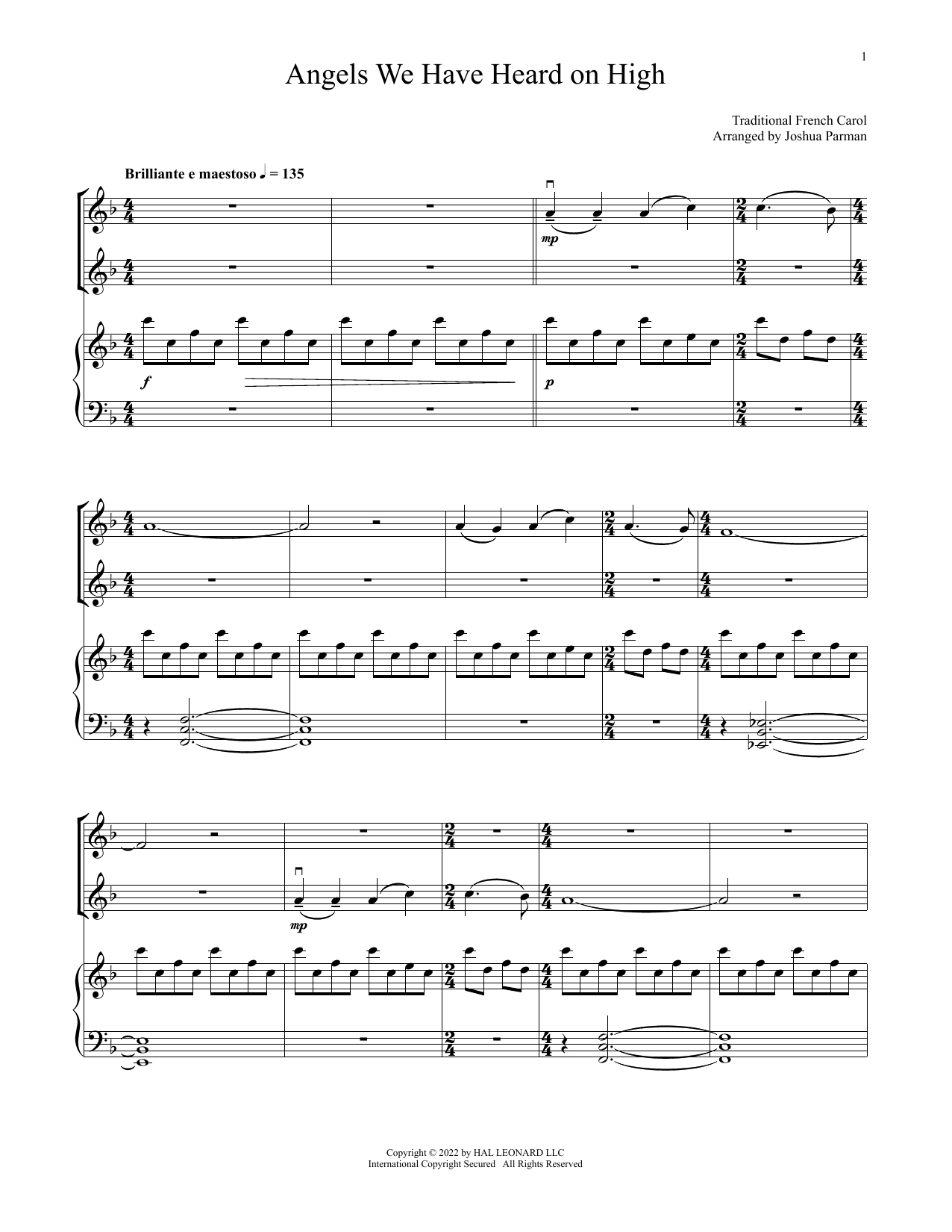 Download Traditional French Carol Angels We Have Heard On High (for Violin Duet and Piano) Sheet Music and learn how to play Violin and Piano PDF digital score in minutes