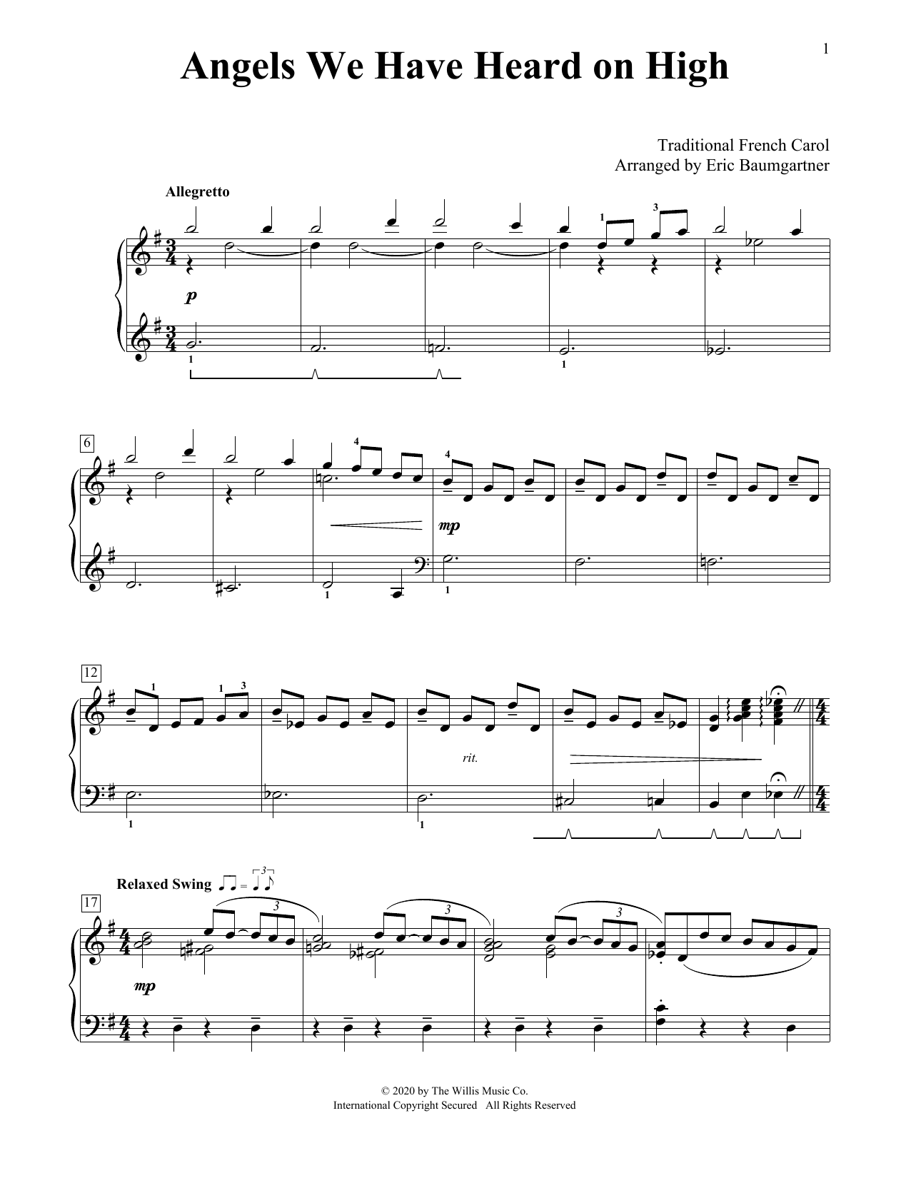 Download Traditional French Carol Angels We Have Heard On High [Jazz version] (arr. Eric Baumgartner) Sheet Music and learn how to play Educational Piano PDF digital score in minutes