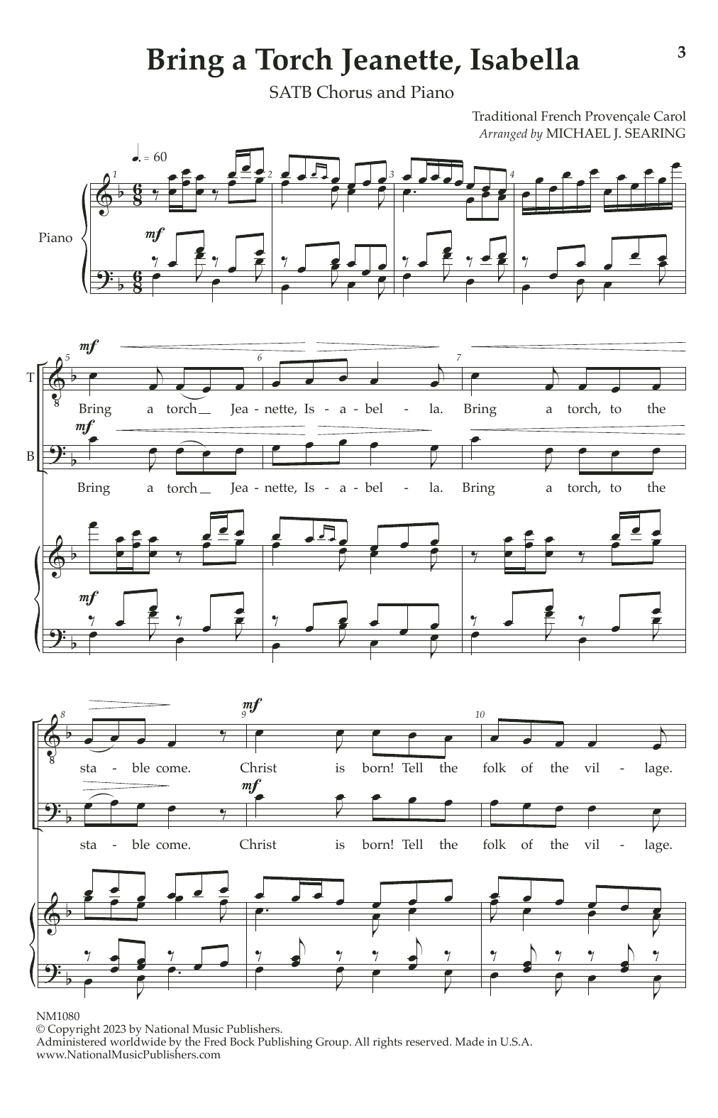 Download Traditional French Carol Bring a Torch, Jeanette, Isabella (arr. Michael J. Searing) Sheet Music and learn how to play SATB Choir PDF digital score in minutes