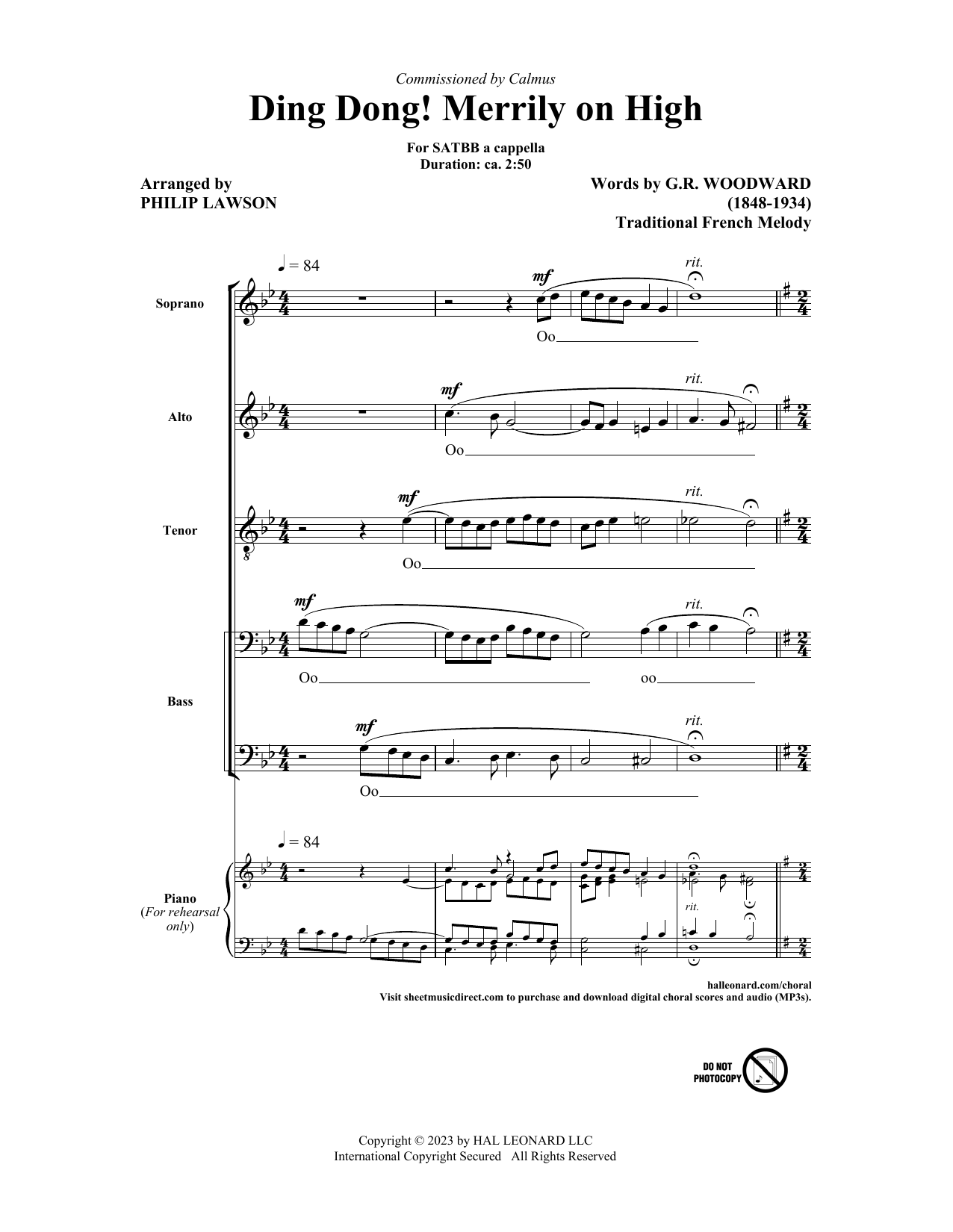 Download Traditional French Carol Ding Dong! Merrily On High (arr. Philip Lawson) Sheet Music and learn how to play SATBB Choir PDF digital score in minutes