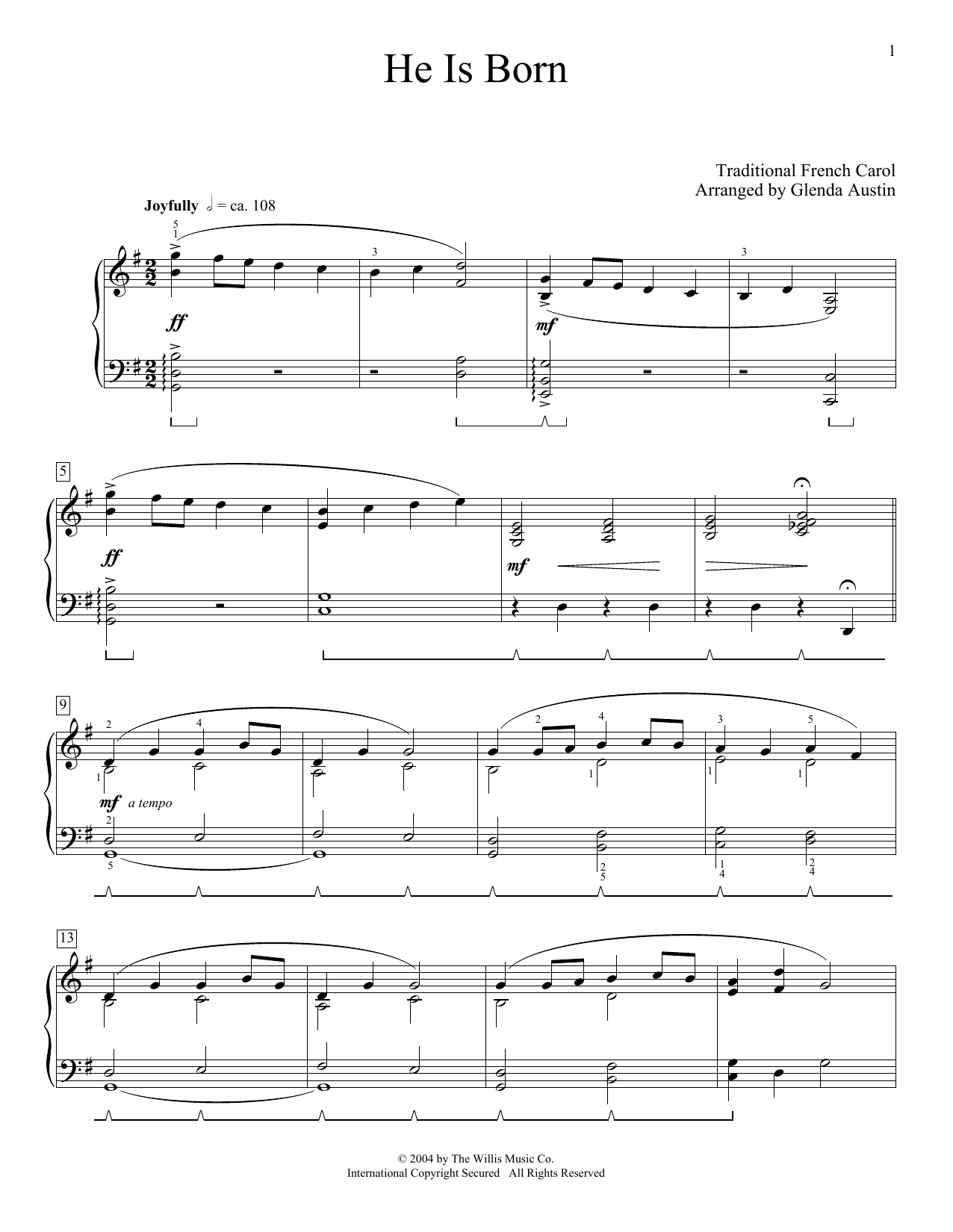 Download Traditional French Carol He Is Born (arr. Glenda Austin) Sheet Music and learn how to play Piano Solo PDF digital score in minutes